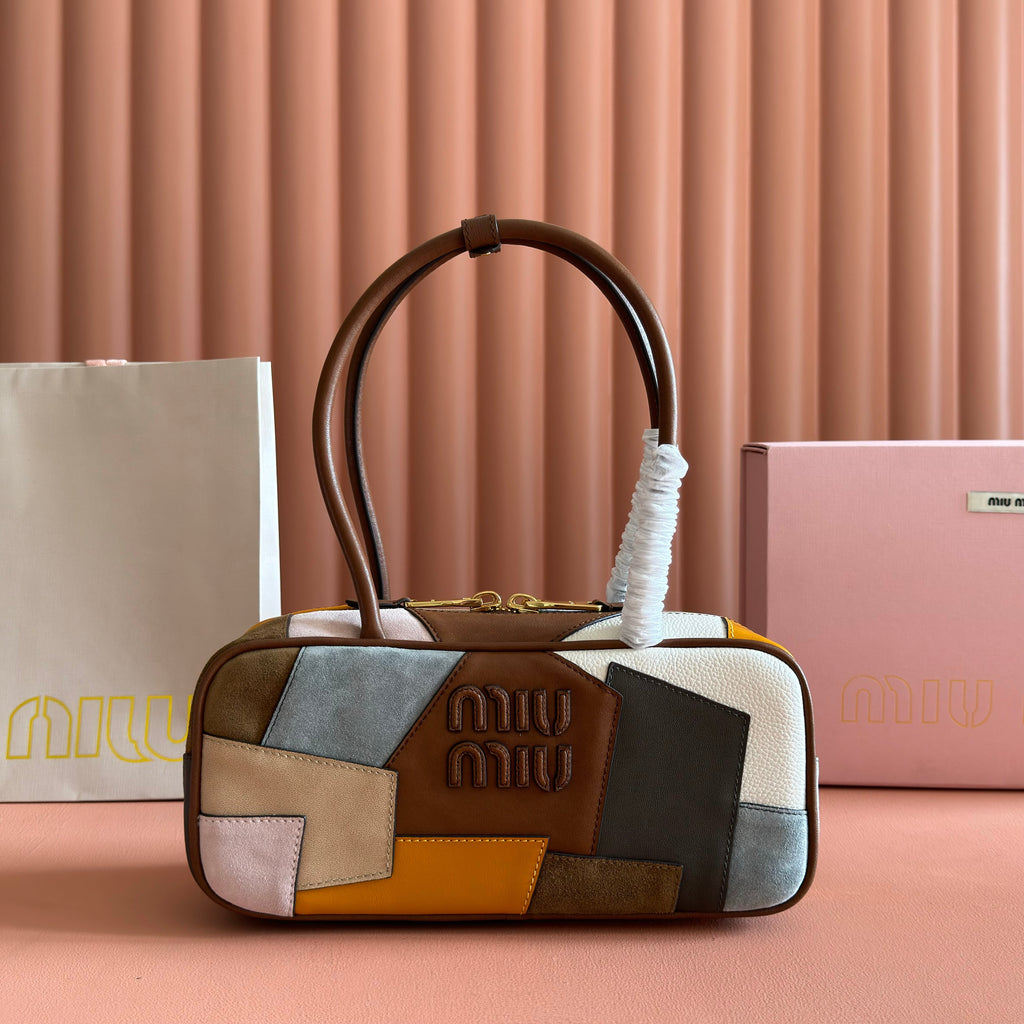 MIU MIU MIUMIU 26S BEAU TOP HANDLE BAG 28 IN COGNAC LEATHER PATCHWORK GOLD HARDWARE