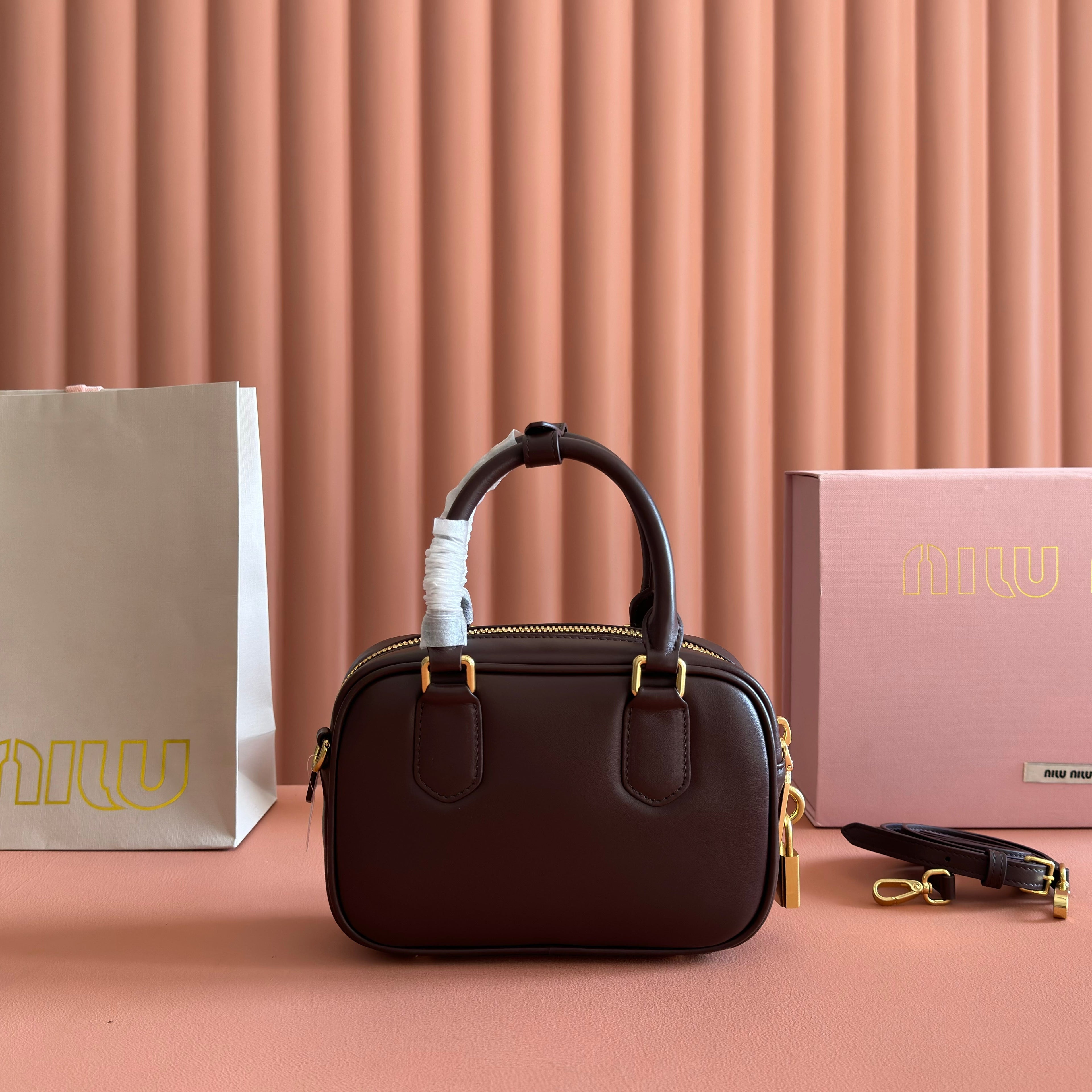 MIU MIU MIUMIU 26S ARCADIE BAG 19 IN DARK BROWN CALFSKIN GOLD HARDWARE