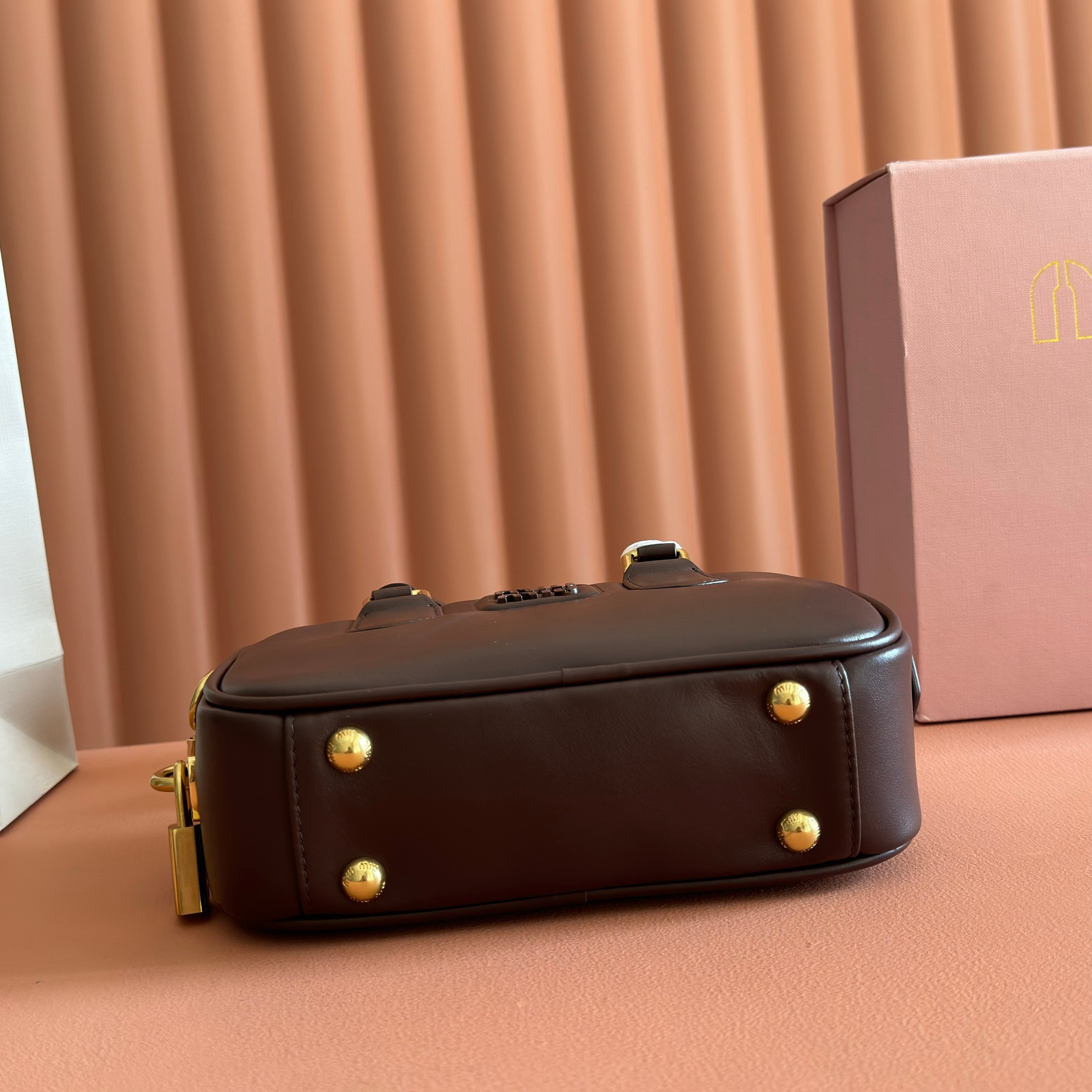 MIU MIU MIUMIU 26S ARCADIE BAG 19 IN DARK BROWN CALFSKIN GOLD HARDWARE
