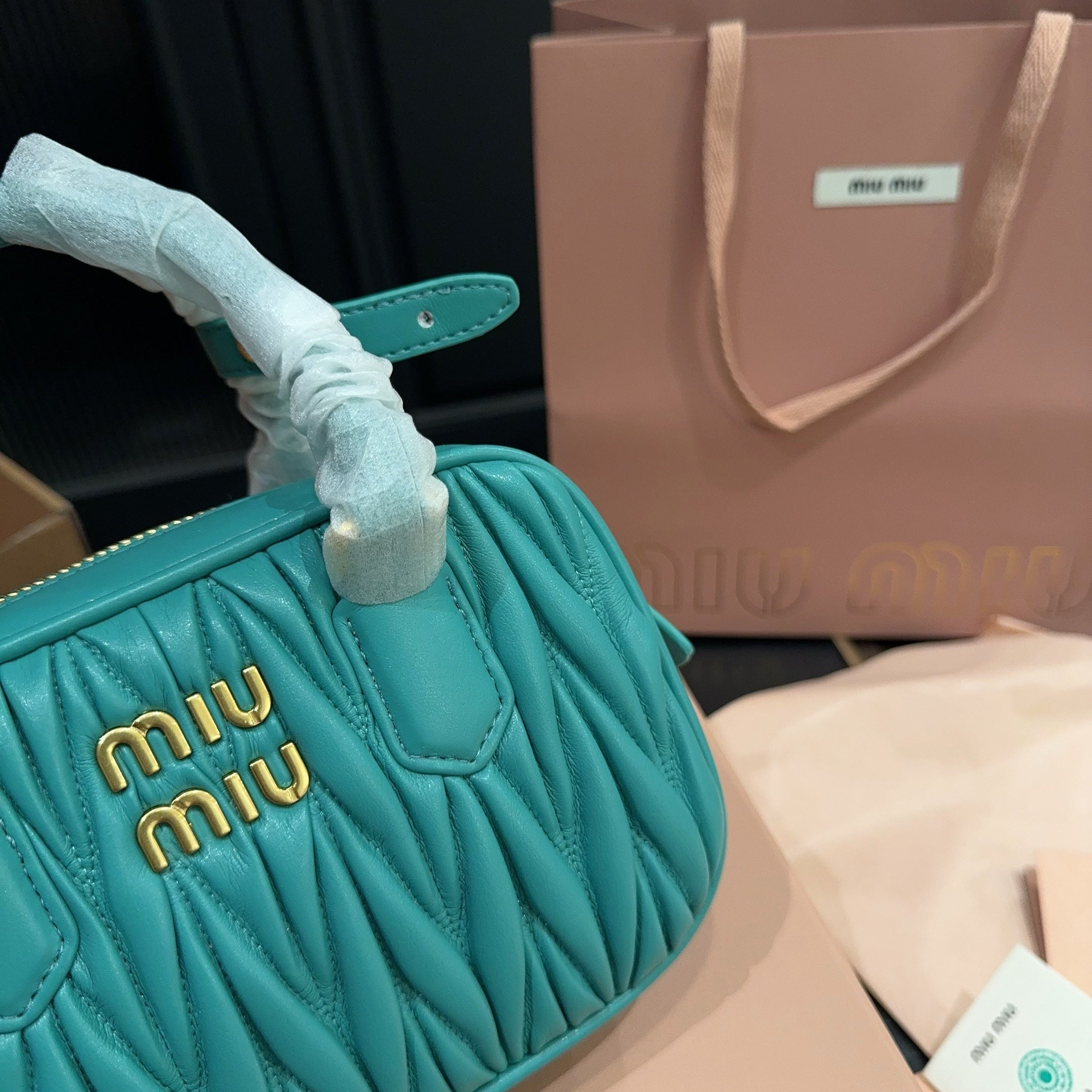MIU MIU ARCADIE MATELASSÉ BAG 20 IN HIPPIE BLUE LAMBSKIN GOLD HARDWARE