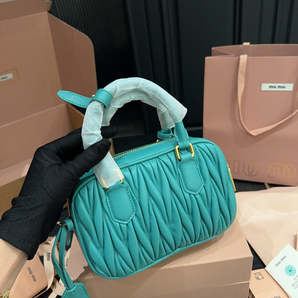 MIU MIU ARCADIE MATELASSÉ BAG 20 IN HIPPIE BLUE LAMBSKIN GOLD HARDWARE