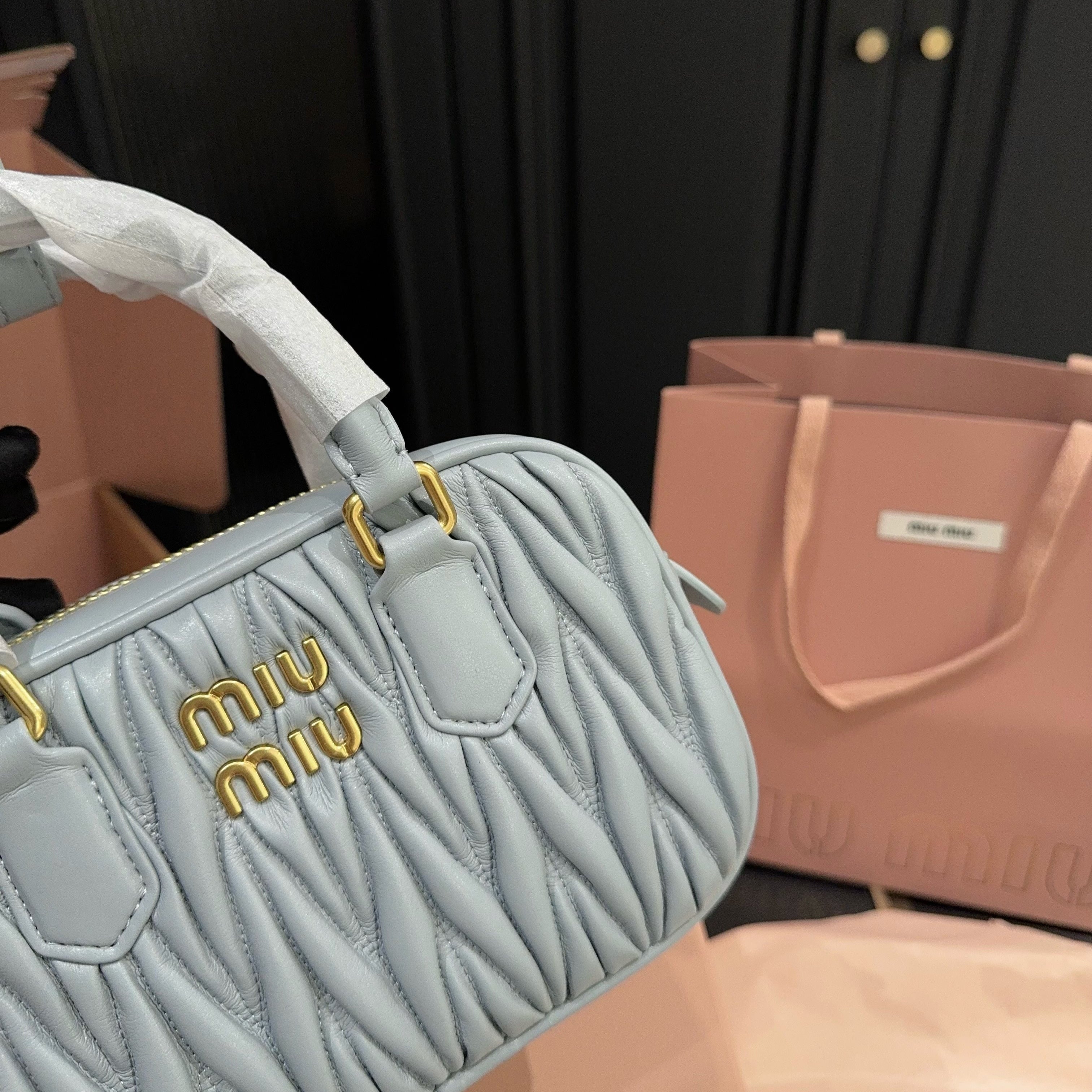 MIU MIU ARCADIE MATELASSÉ BAG 20 IN GREY LAMBSKIN GOLD HARDWARE