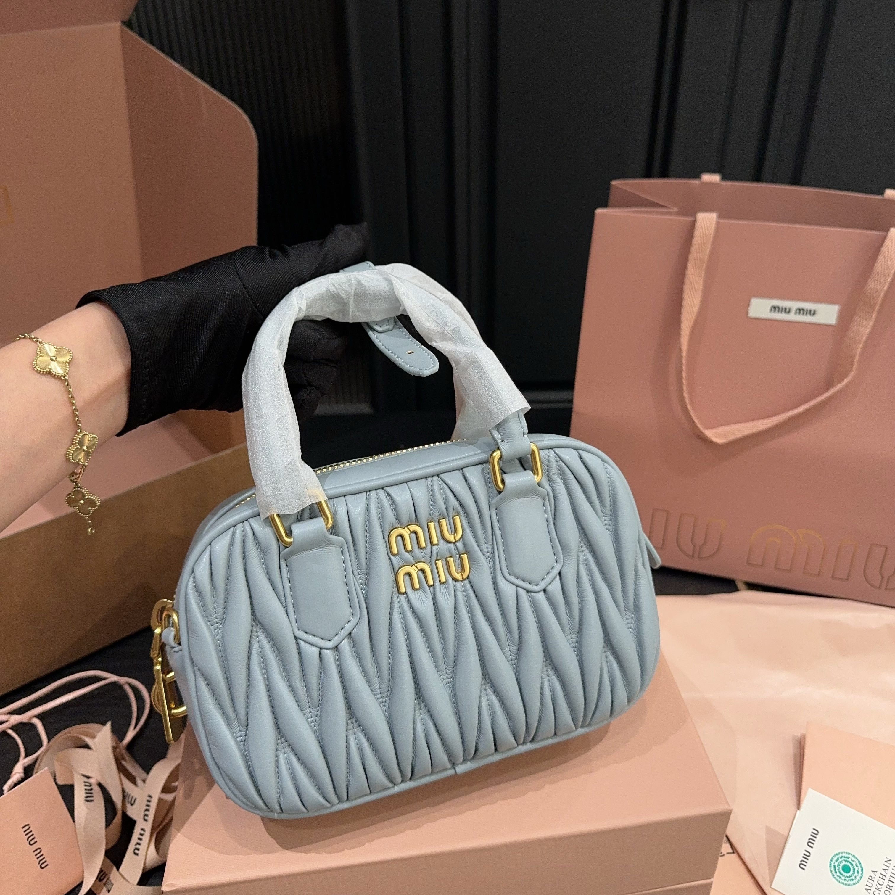 MIU MIU ARCADIE MATELASSÉ BAG 20 IN GREY LAMBSKIN GOLD HARDWARE