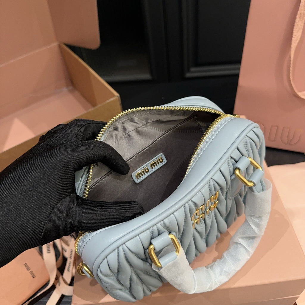 MIU MIU ARCADIE MATELASSÉ BAG 20 IN GREY LAMBSKIN GOLD HARDWARE