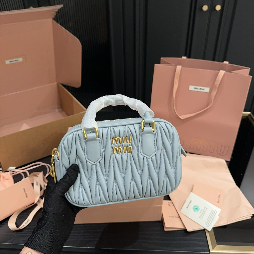 MIU MIU ARCADIE MATELASSÉ BAG 20 IN GREY LAMBSKIN GOLD HARDWARE