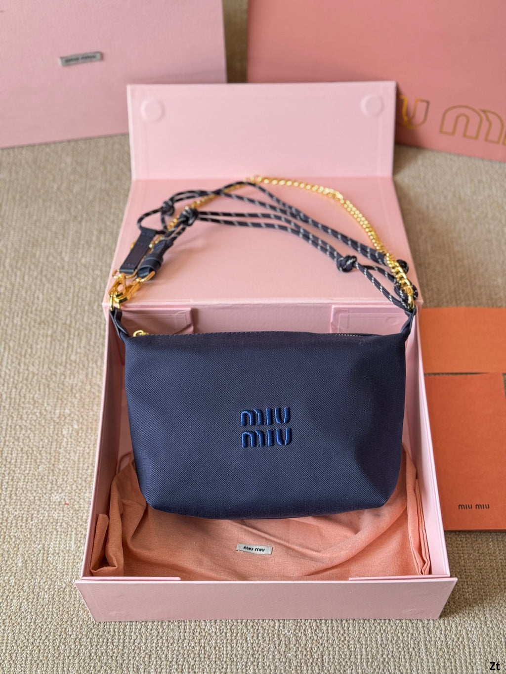MIU MIU CHAIN SHOULDER BAG 19 IN NAVY BLUE FABRIC GOLD HARDWARE