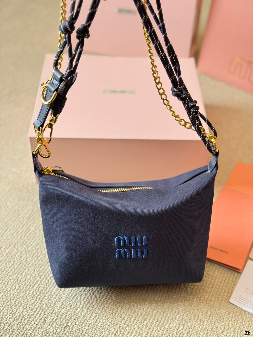 MIU MIU CHAIN SHOULDER BAG 19 IN NAVY BLUE FABRIC GOLD HARDWARE