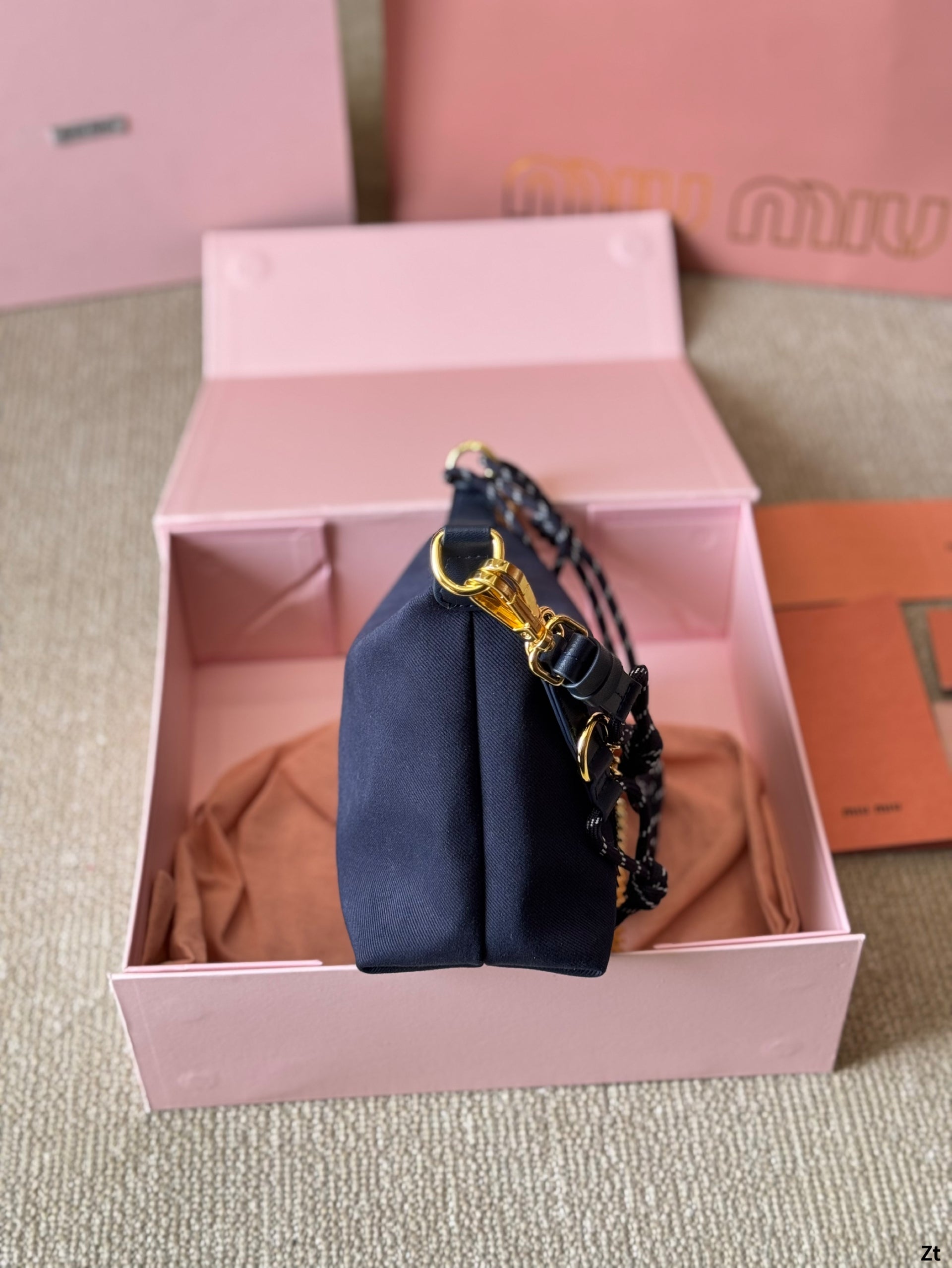MIU MIU CHAIN SHOULDER BAG 19 IN NAVY BLUE FABRIC GOLD HARDWARE