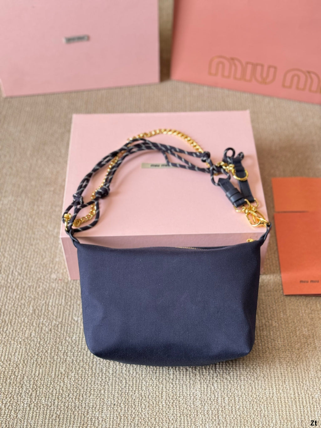MIU MIU CHAIN SHOULDER BAG 19 IN NAVY BLUE FABRIC GOLD HARDWARE