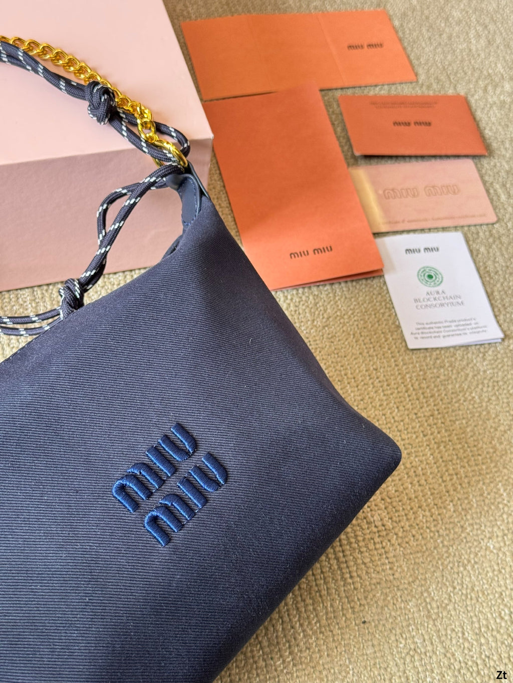 MIU MIU CHAIN SHOULDER BAG 19 IN NAVY BLUE FABRIC GOLD HARDWARE