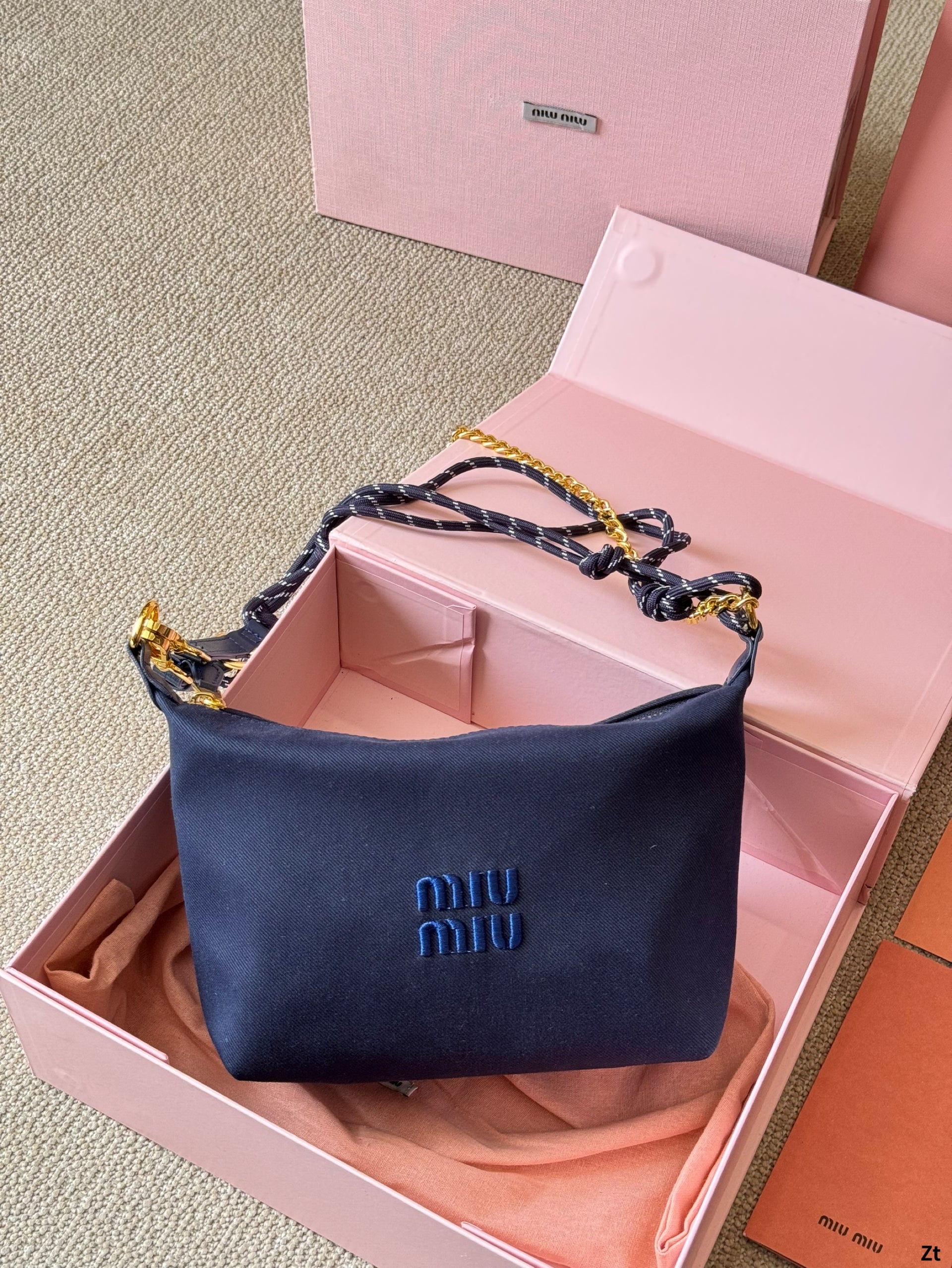 MIU MIU CHAIN SHOULDER BAG 19 IN NAVY BLUE FABRIC GOLD HARDWARE