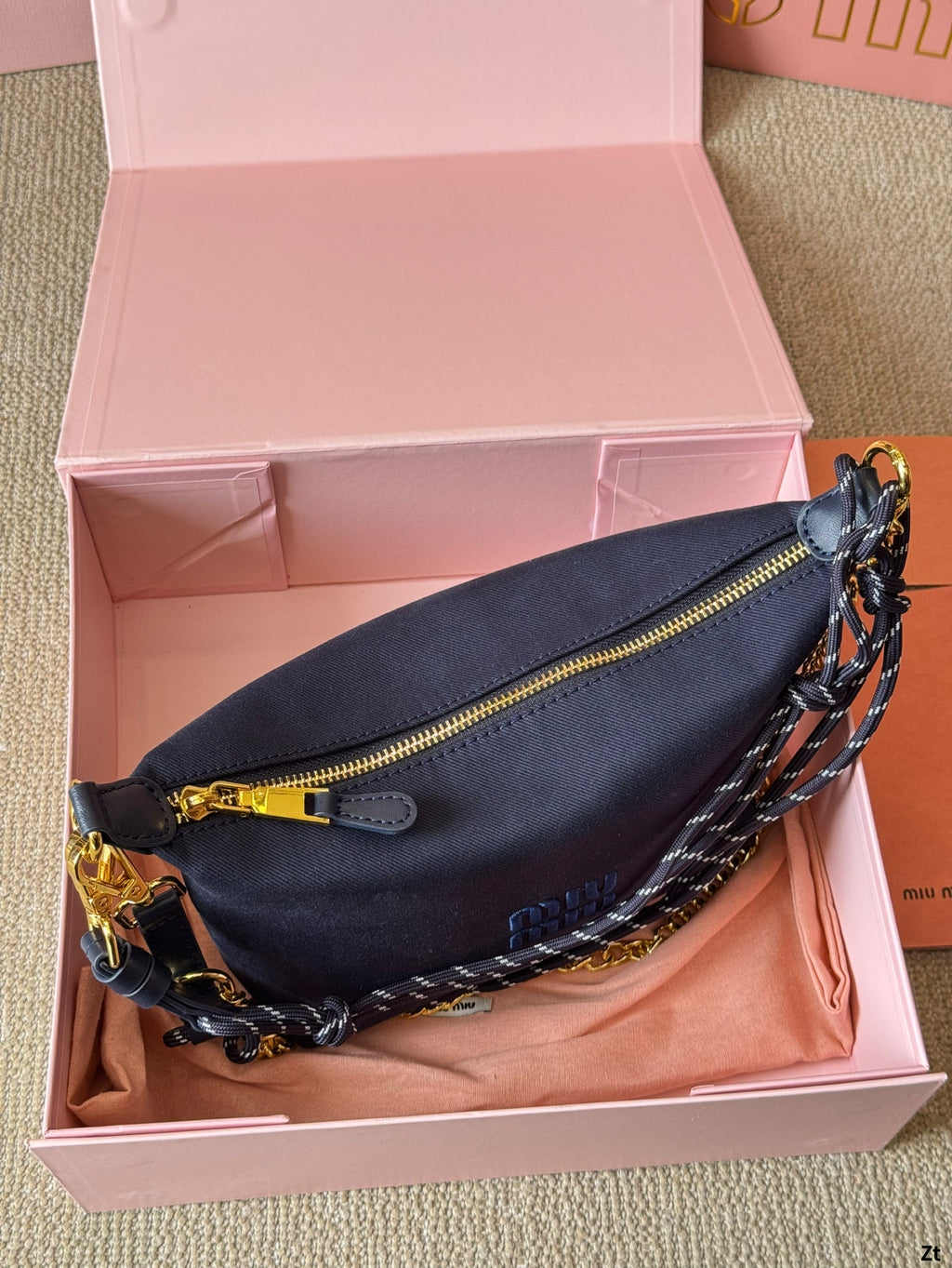 MIU MIU CHAIN SHOULDER BAG 19 IN NAVY BLUE FABRIC GOLD HARDWARE