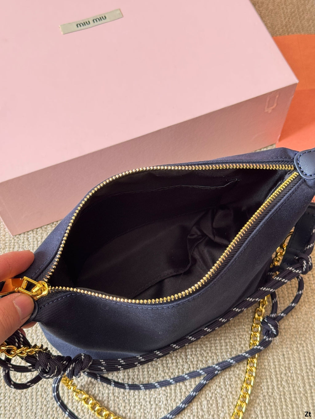 MIU MIU CHAIN SHOULDER BAG 19 IN NAVY BLUE FABRIC GOLD HARDWARE