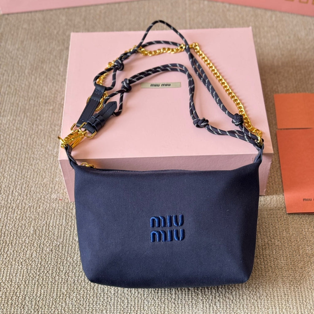 MIU MIU CHAIN SHOULDER BAG 19 IN NAVY BLUE FABRIC GOLD HARDWARE