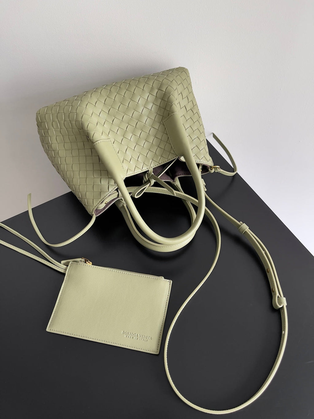 BOTTEGA VENETA SMALL PINACOTECA REVERSIBLE TOTE BAG 24 IN MATCHA LAMBSKIN AND BROWN SUEDE