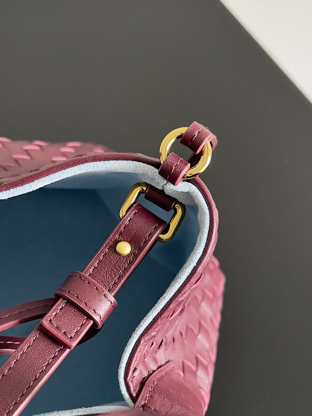 BOTTEGA VENETA SMALL PINACOTECA REVERSIBLE TOTE BAG 24 IN MADDER BROWN LAMBSKIN AND LIGHT BLUE SUEDE