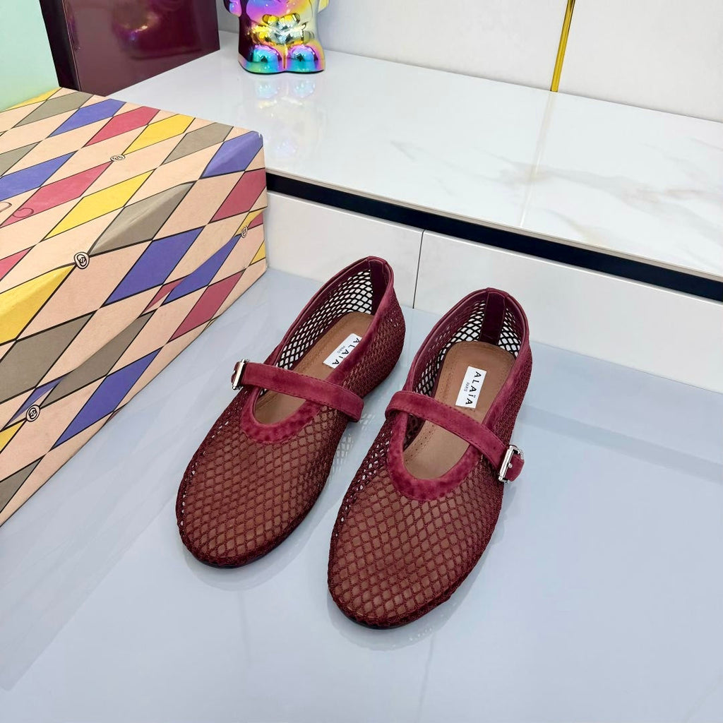 ALAIA MARY JANE FLAT 25S IN DARK RED MESH SUEDE