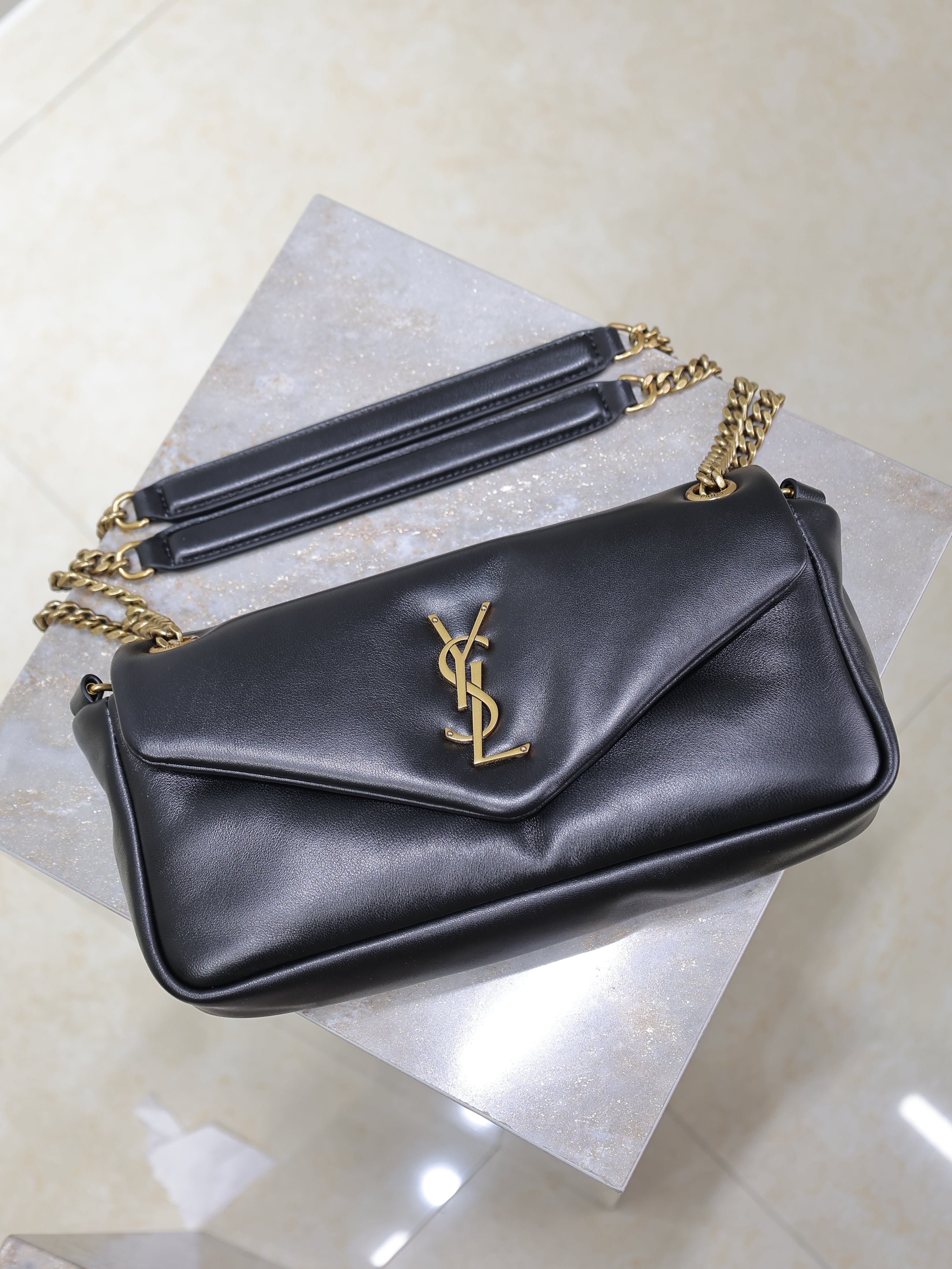 SAINT LAURENT YSL 25S CALYPSO HANDBAG 26 IN BLACK LAMBSKIN GOLD HARDWARE