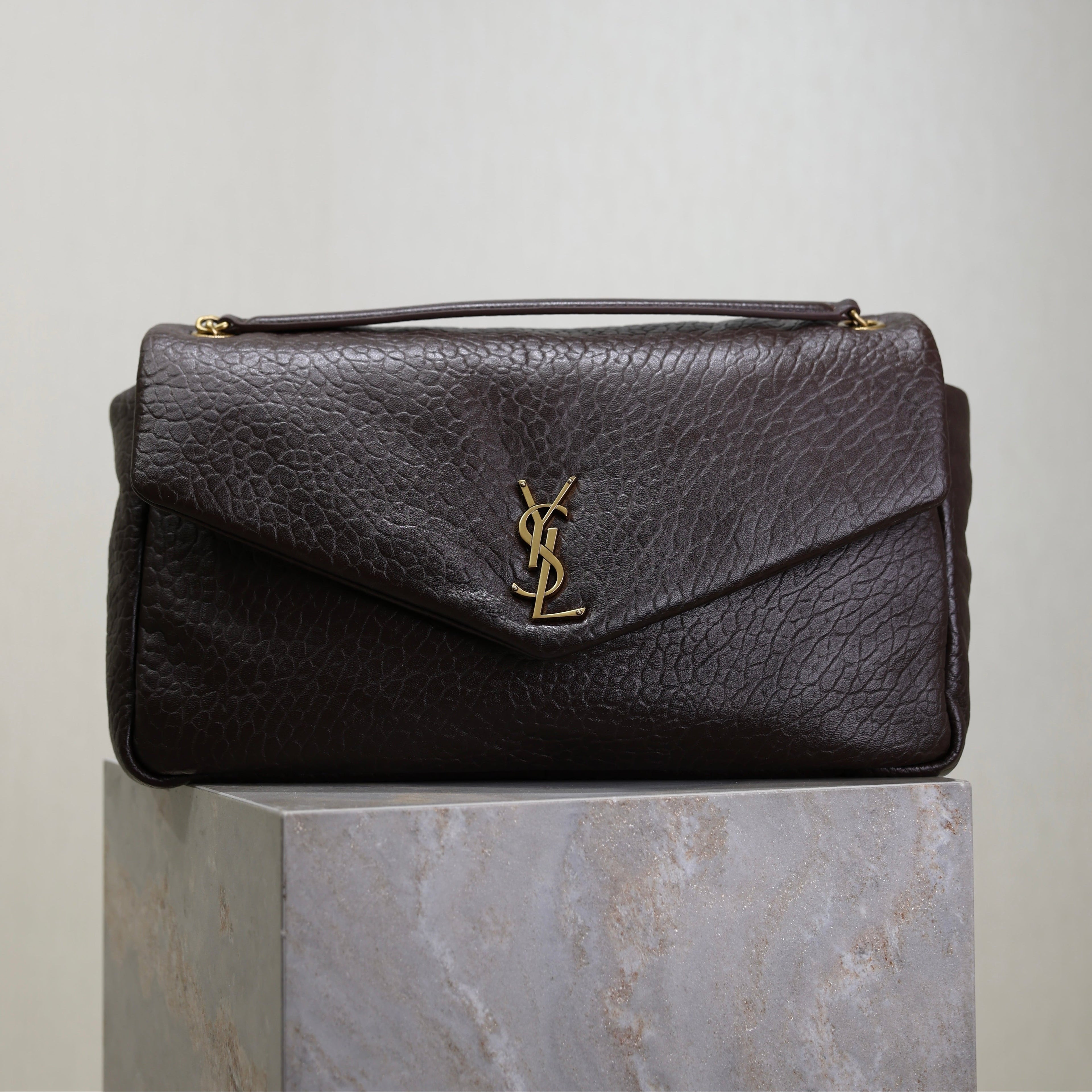 SAINT LAURENT YSL 25S CALYPSO GM 38 IN DARK CHOCOLATE CALFSKIN GOLD HARDWARE