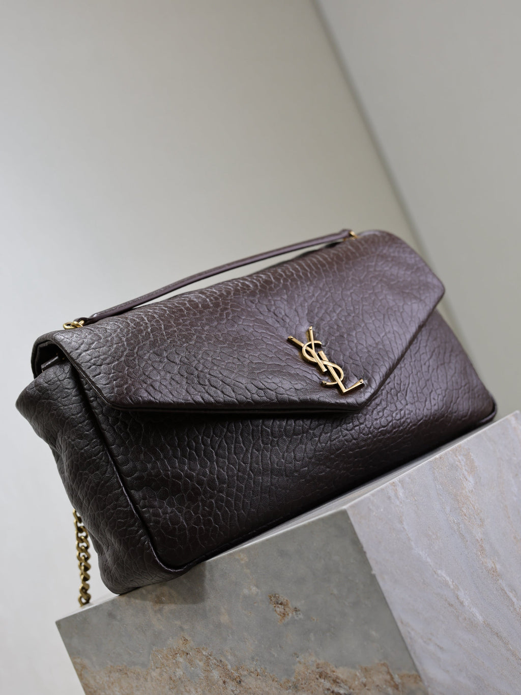 SAINT LAURENT YSL 25S CALYPSO GM 38 IN DARK CHOCOLATE CALFSKIN GOLD HARDWARE