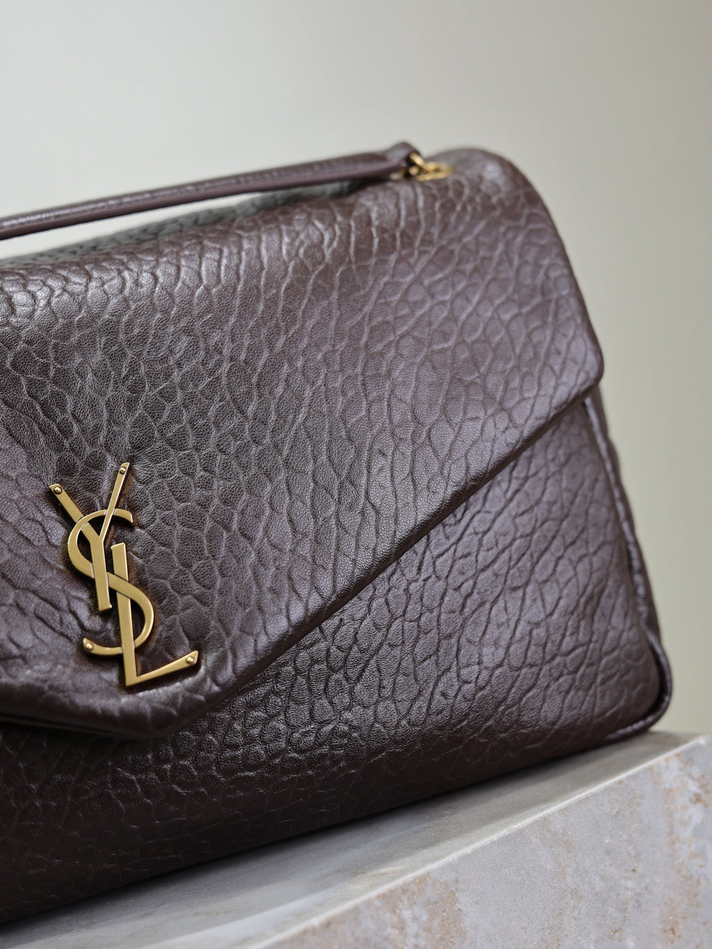 SAINT LAURENT YSL 25S CALYPSO GM 38 IN DARK CHOCOLATE CALFSKIN GOLD HARDWARE