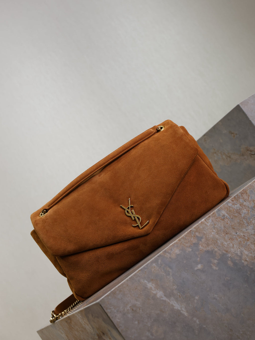 SAINT LAURENT YSL 25S CALYPSO GM 38 IN DARK CARAMEL SUEDE GOLD HARDWARE