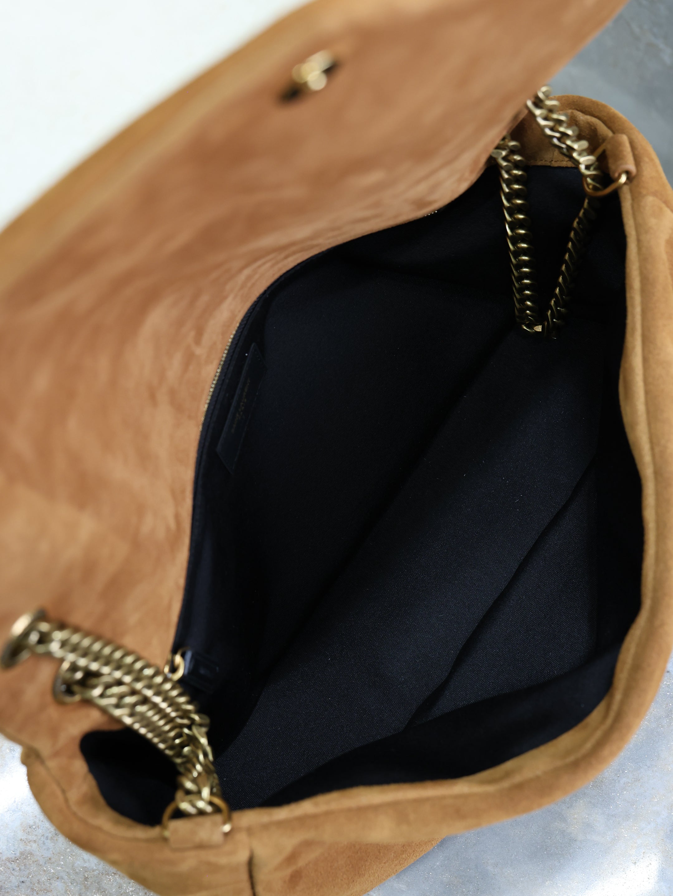 SAINT LAURENT YSL 25S CALYPSO GM 38 IN DARK CARAMEL SUEDE GOLD HARDWARE