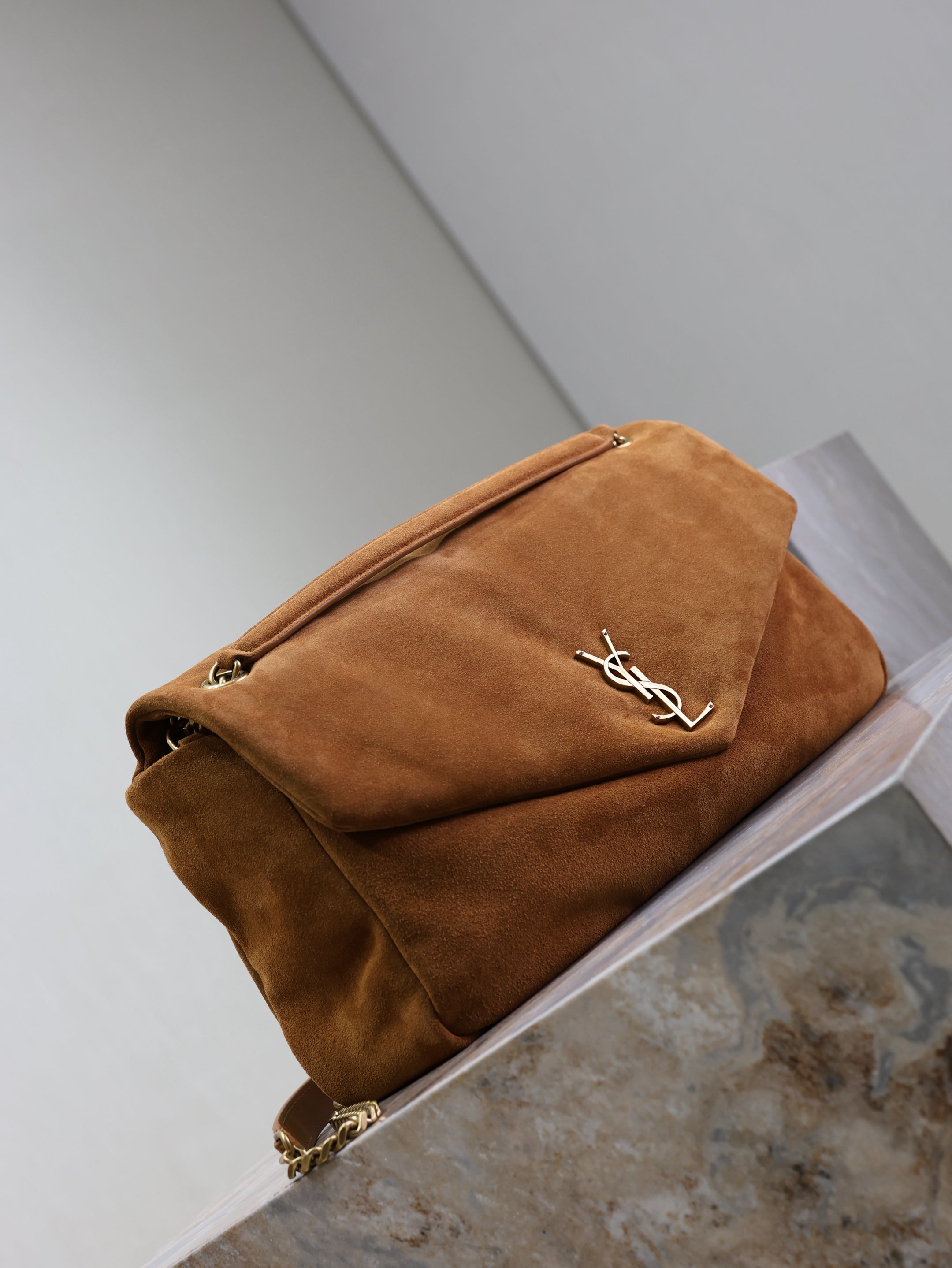 SAINT LAURENT YSL 25S CALYPSO GM 38 IN DARK CARAMEL SUEDE GOLD HARDWARE