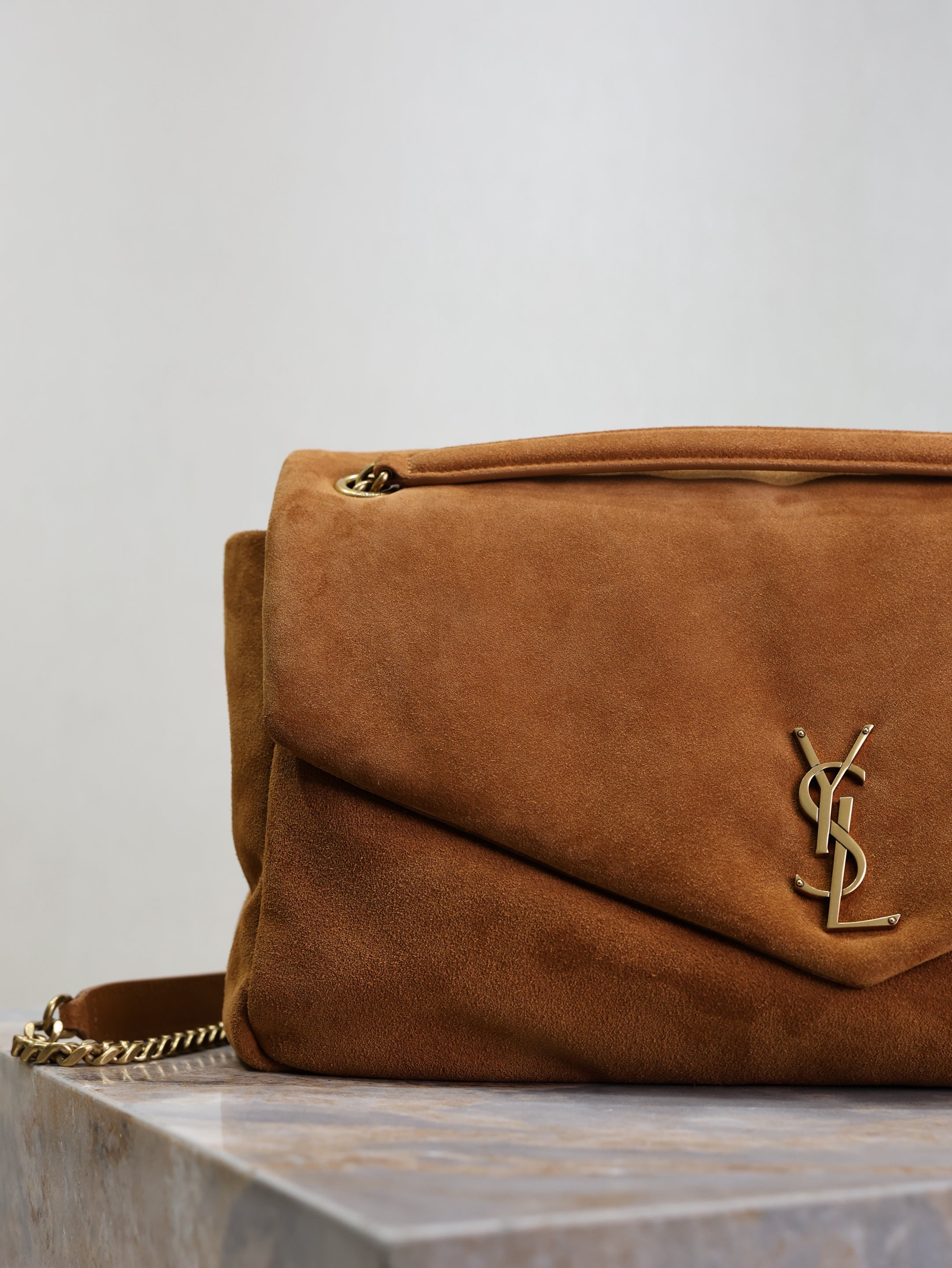 SAINT LAURENT YSL 25S CALYPSO GM 38 IN DARK CARAMEL SUEDE GOLD HARDWRE