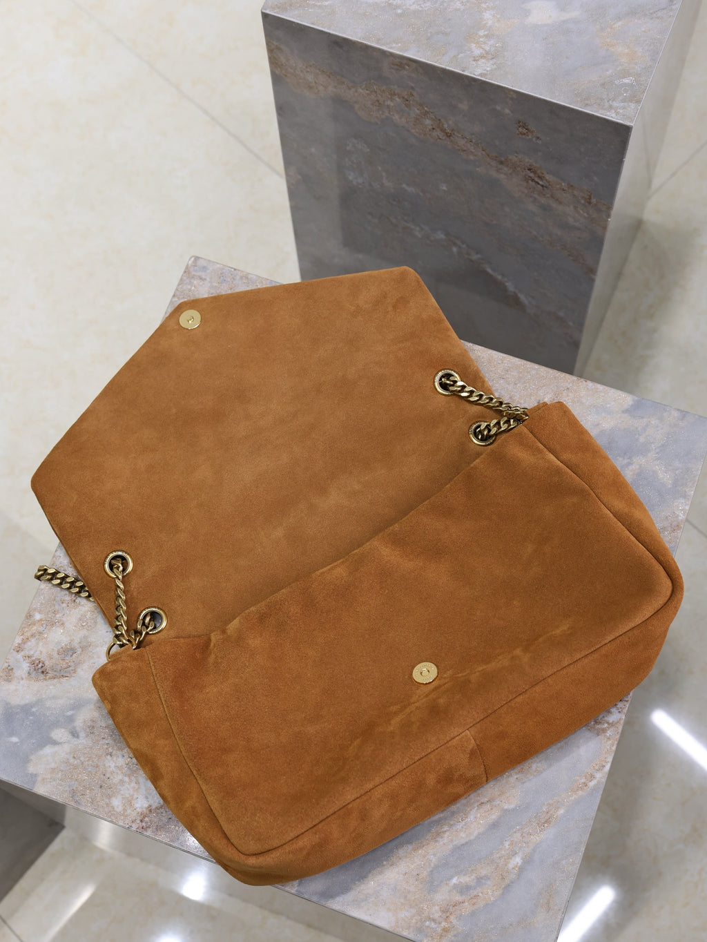 SAINT LAURENT YSL 25S CALYPSO GM 38 IN DARK CARAMEL SUEDE GOLD HARDWARE