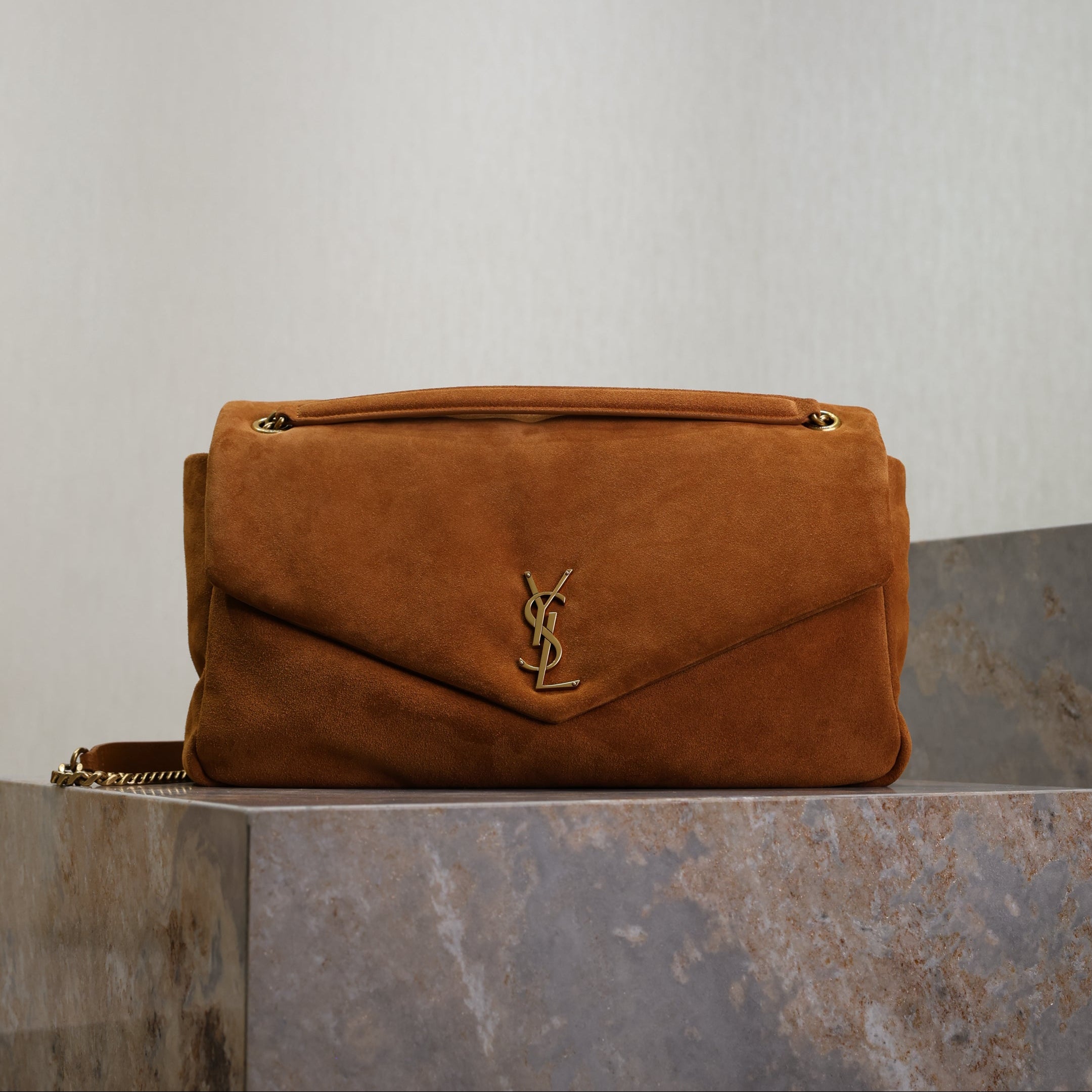 SAINT LAURENT YSL 25S CALYPSO GM 38 IN DARK CARAMEL SUEDE GOLD HARDWRE