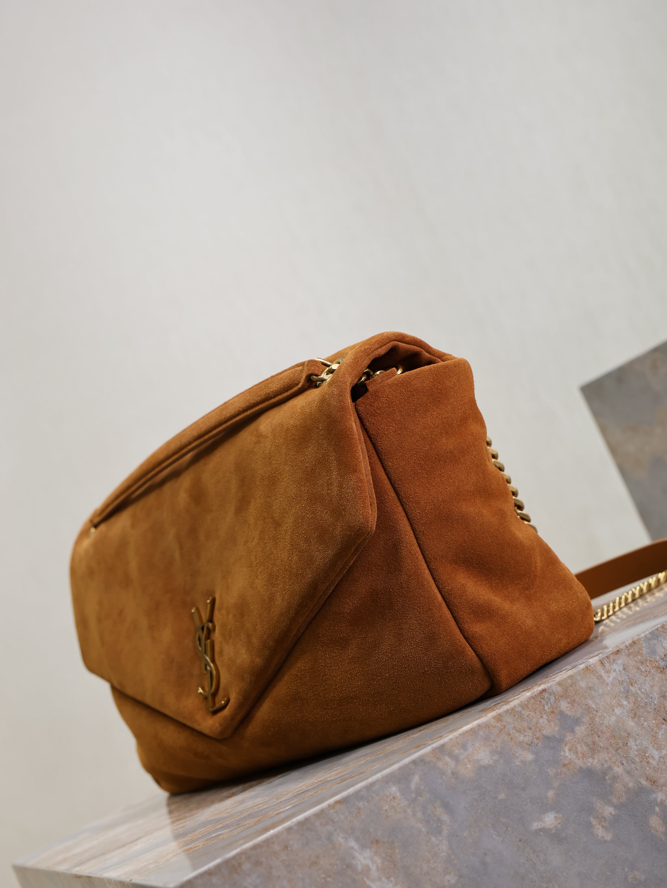 SAINT LAURENT YSL 25S CALYPSO GM 38 IN DARK CARAMEL SUEDE GOLD HARDWRE