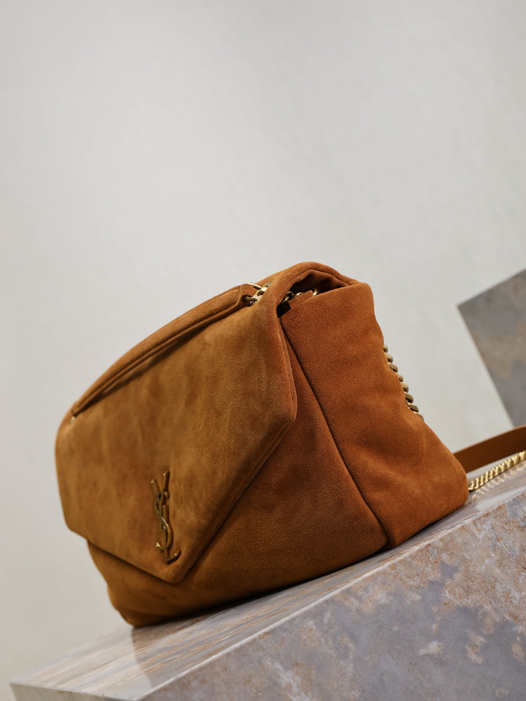 SAINT LAURENT YSL 25S CALYPSO GM 38 IN DARK CARAMEL SUEDE GOLD HARDWARE
