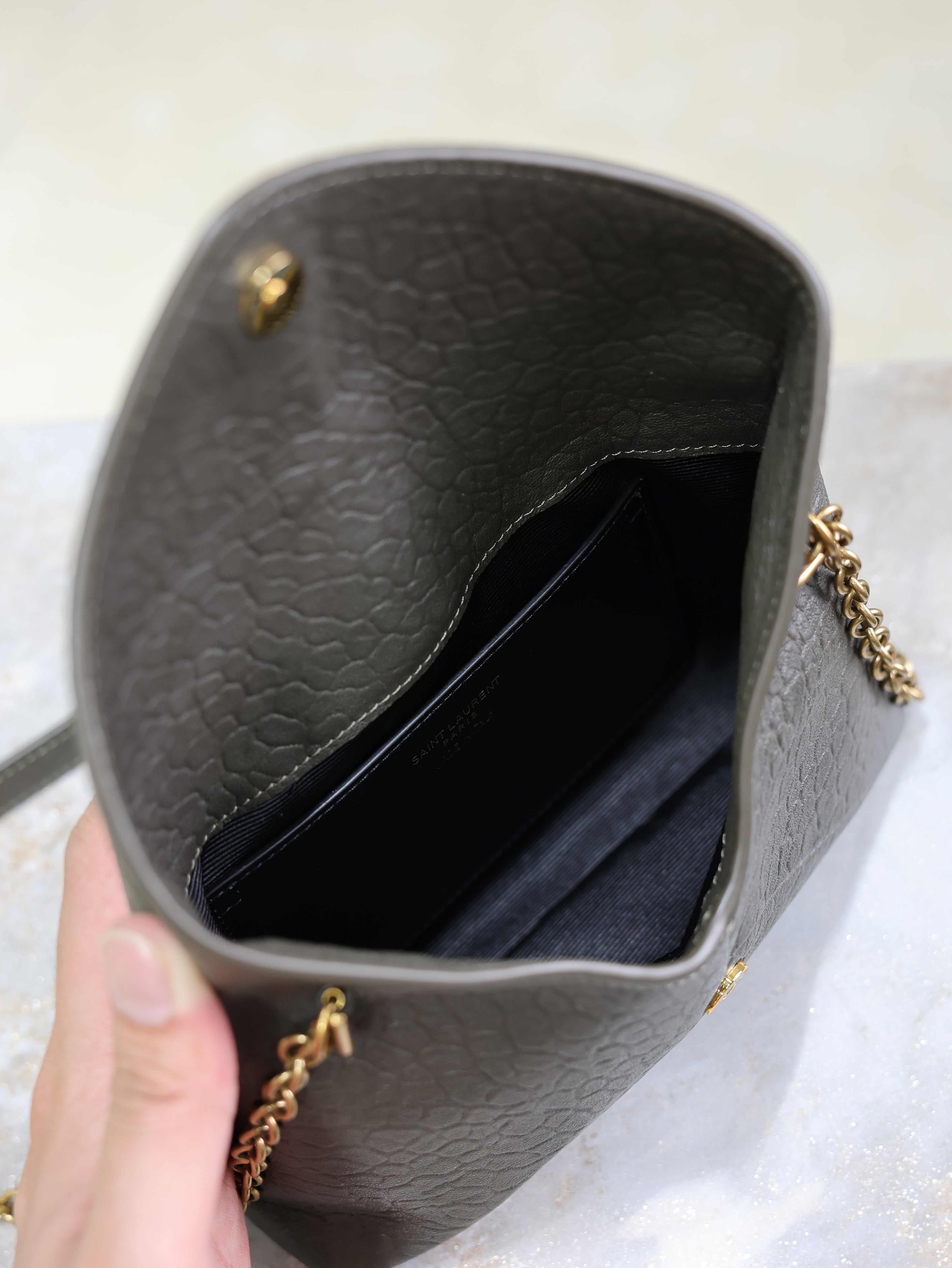 SAINT LAURENT YSL 25S CALYPSO MINI 19 IN CHARCOAL GRAY LAMBSKIN GOLD HARDWRE