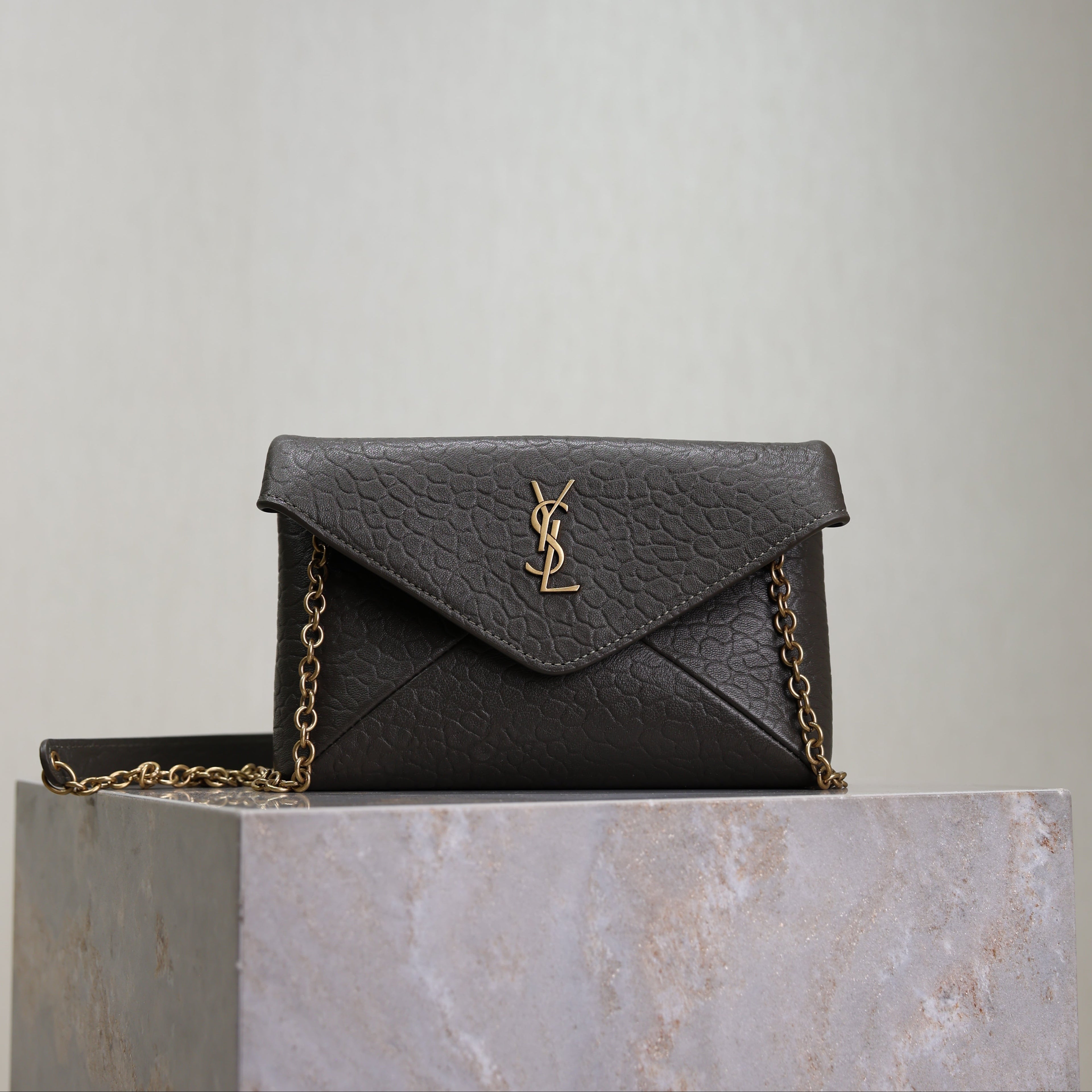 SAINT LAURENT YSL 25S CALYPSO MINI 19 IN CHARCOAL GRAY LAMBSKIN GOLD HARDWARE