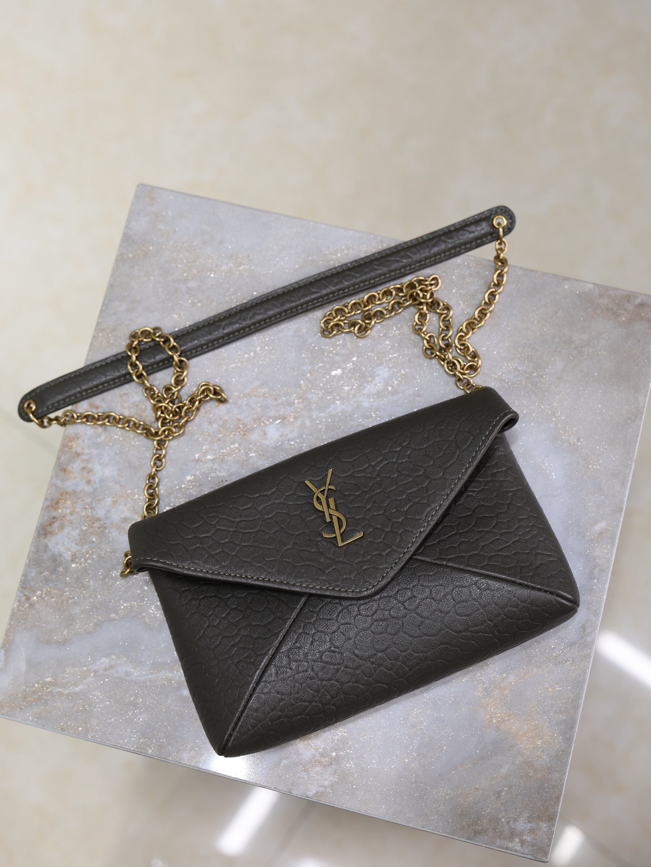 SAINT LAURENT YSL 25S CALYPSO MINI 19 IN CHARCOAL GRAY LAMBSKIN GOLD HARDWRE