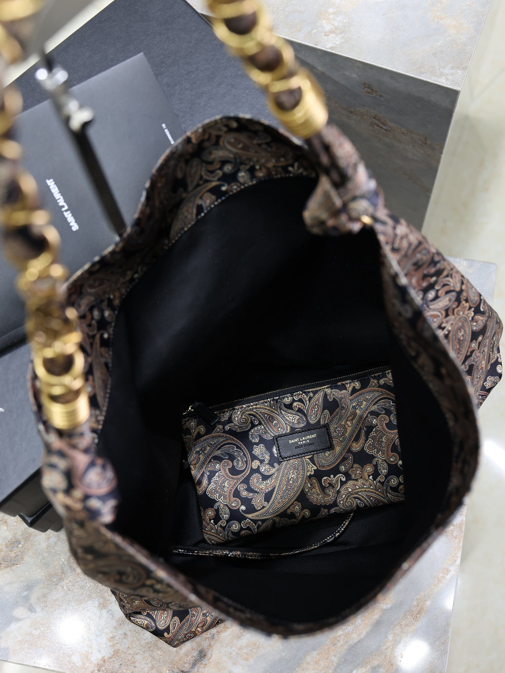 SAINT LAURENT YSL 25S AMALIA 50 IN NAVY MULTICOLOR  SILK TWILL GOLD HARDWRE