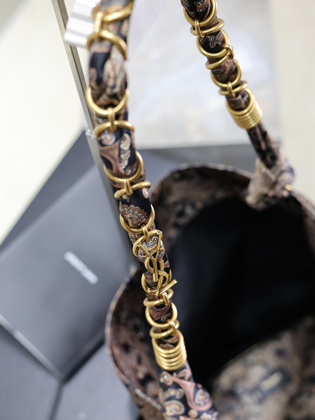 SAINT LAURENT YSL 25S AMALIA 50 IN NAVY MULTICOLOR  SILK TWILL GOLD HARDWRE