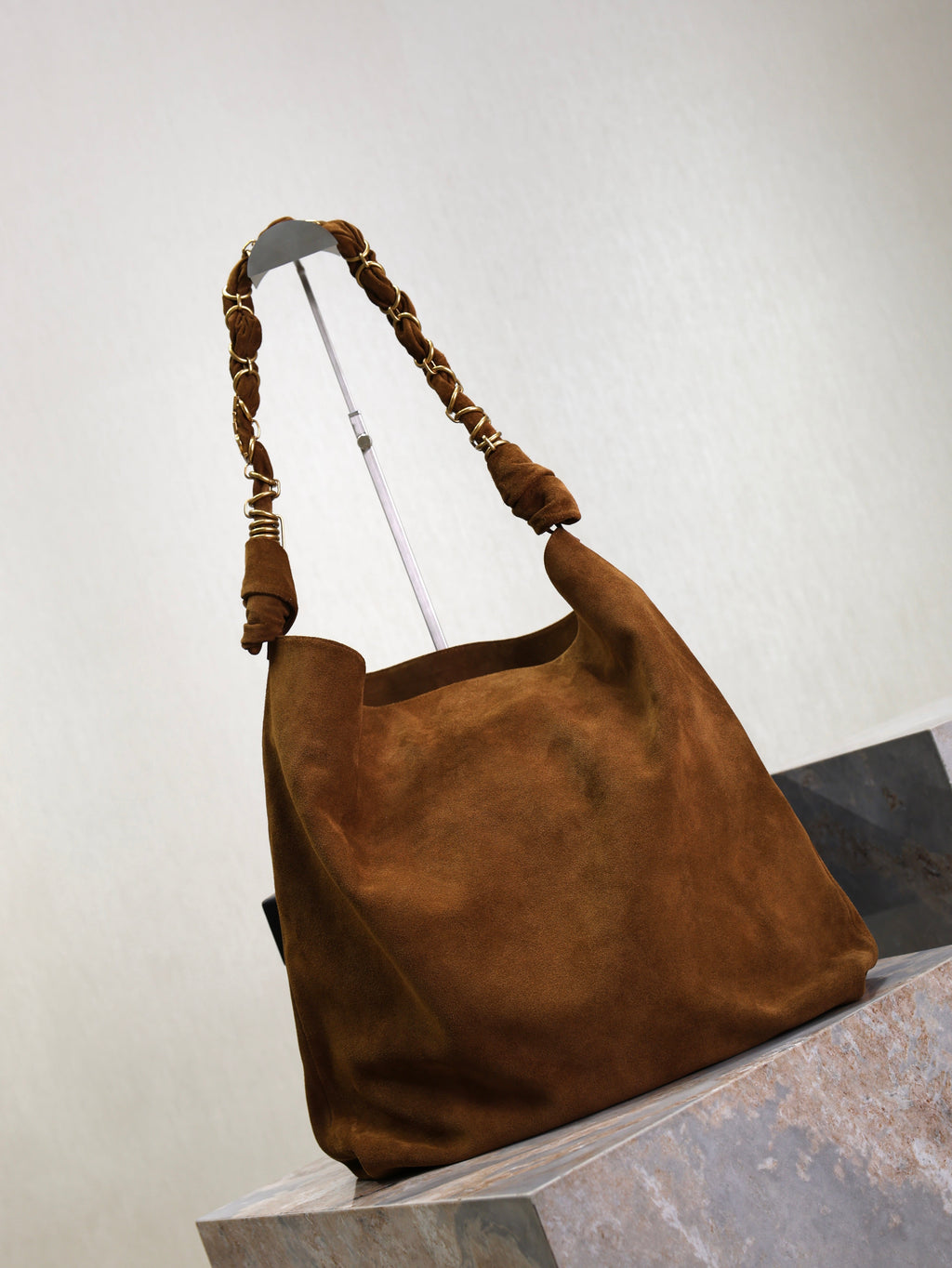 SAINT LAURENT YSL 25S AMALIA 50 IN DARK CARAMEL SUEDE GOLD HARDWARE