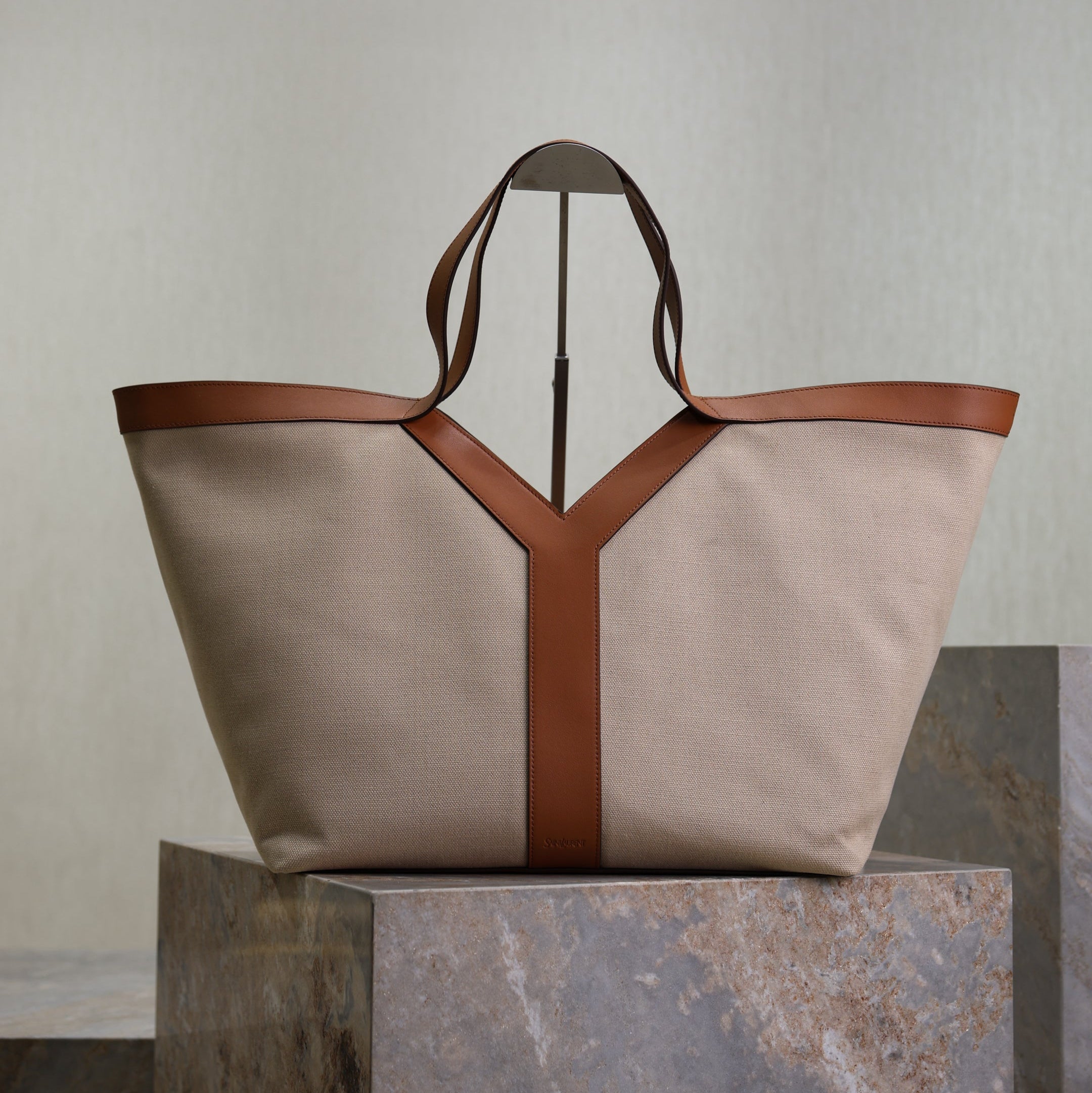 SAINT LAURENT YSL 25S Y TOTE 50 IN BROWN BEIGE CANVAS AND CALFSKIN