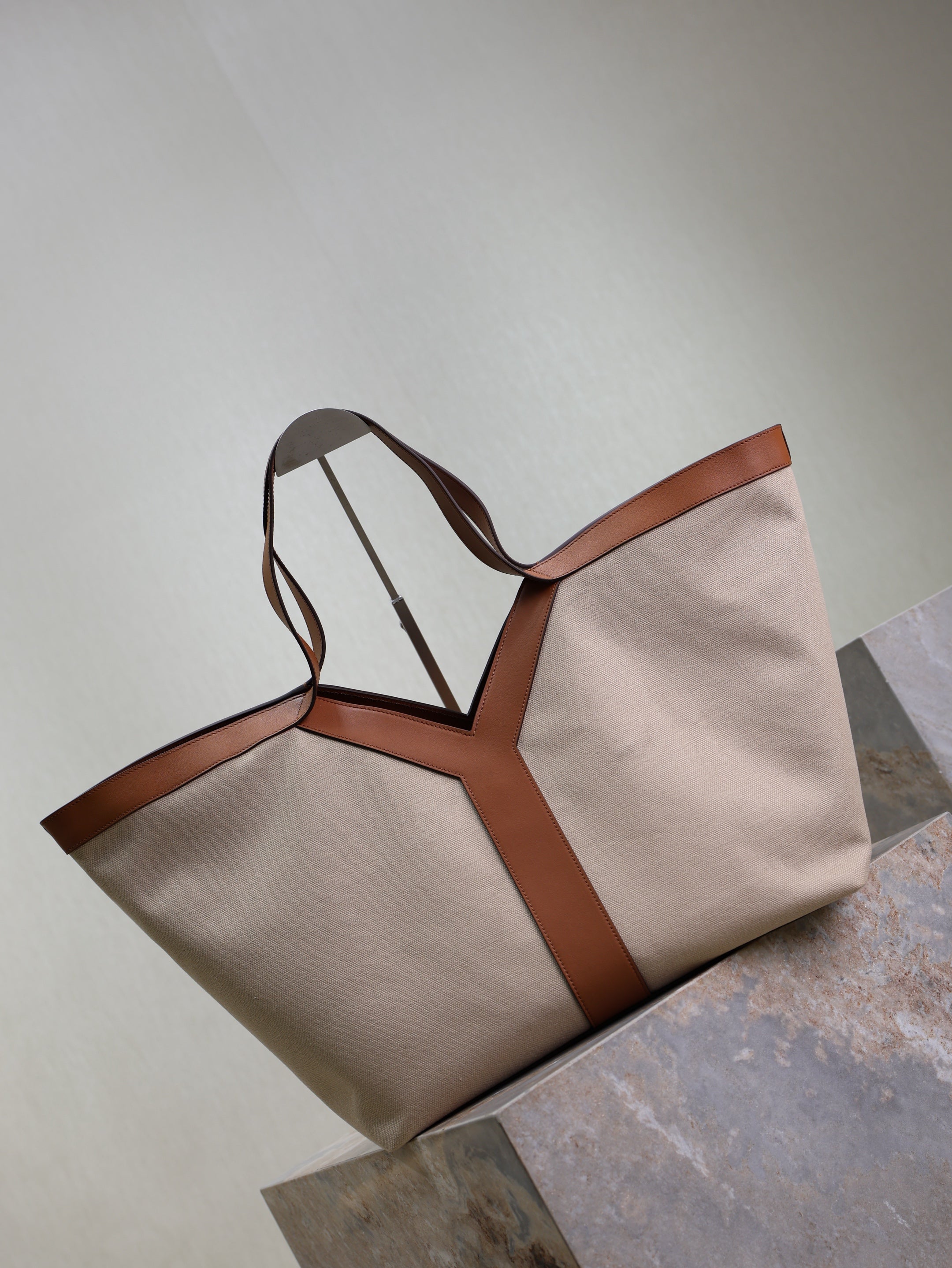 SAINT LAURENT YSL 25S Y TOTE 50 IN BROWN BEIGE CANVAS AND CALFSKIN