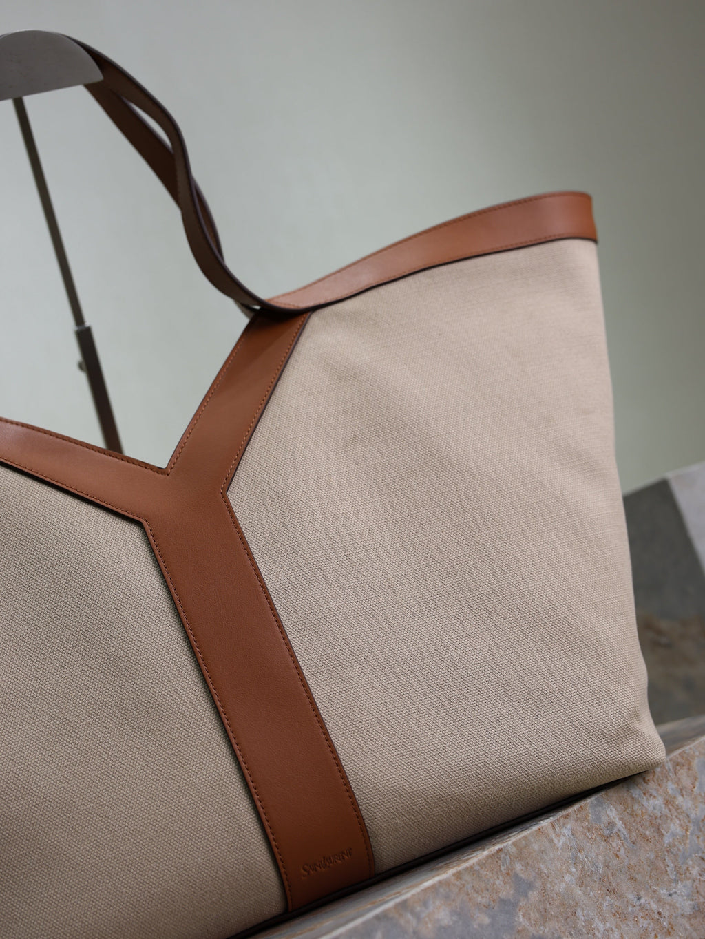 SAINT LAURENT YSL 25S Y TOTE 50 IN BROWN BEIGE CANVAS AND CALFSKIN