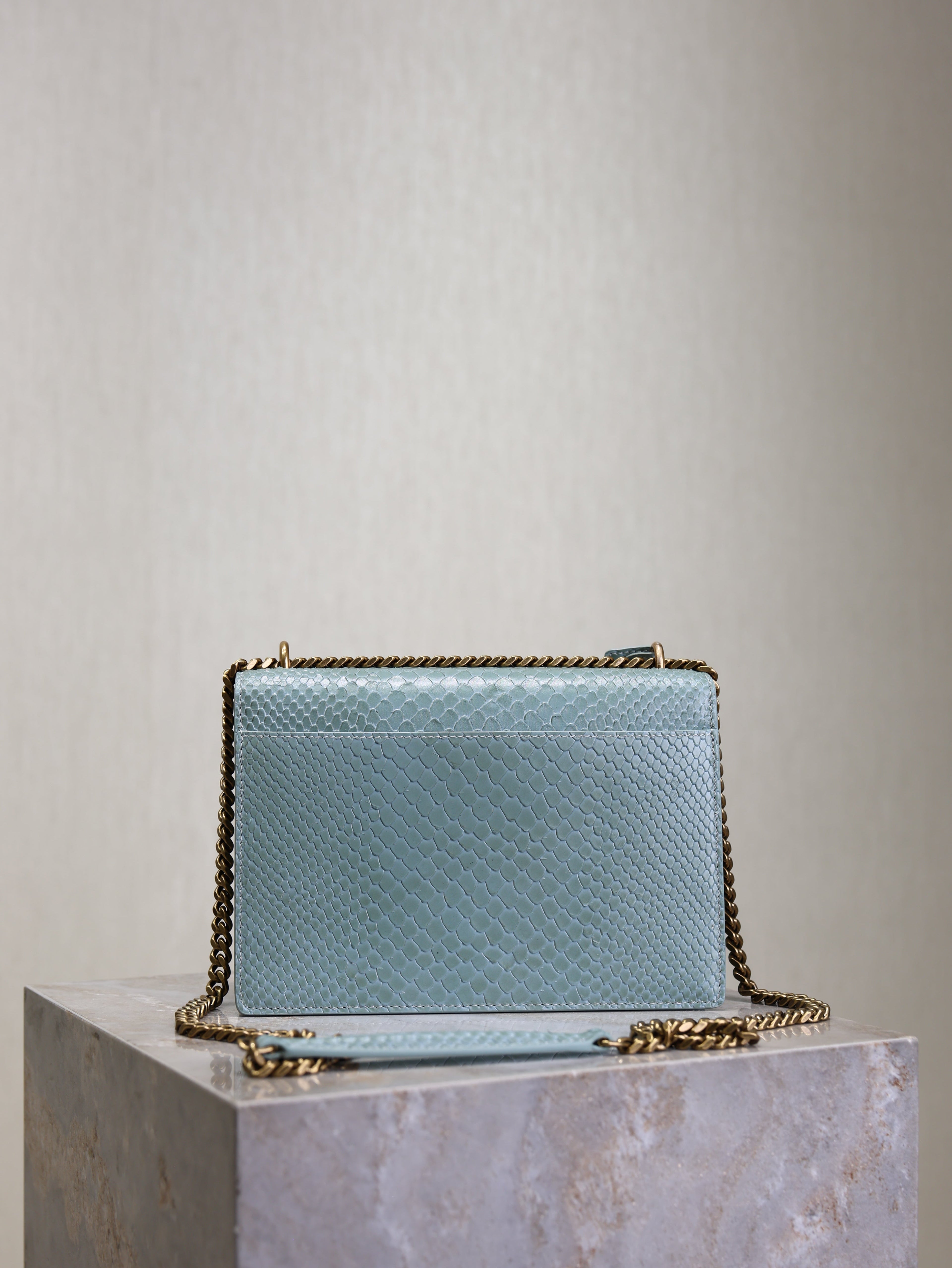 SAINT LAURENT YSL 25S SUNSET MEDIUM 22 IN LIGHT BLUE CROCODILE-EMBOSSED CALFSKIN GOLD HARDWRE