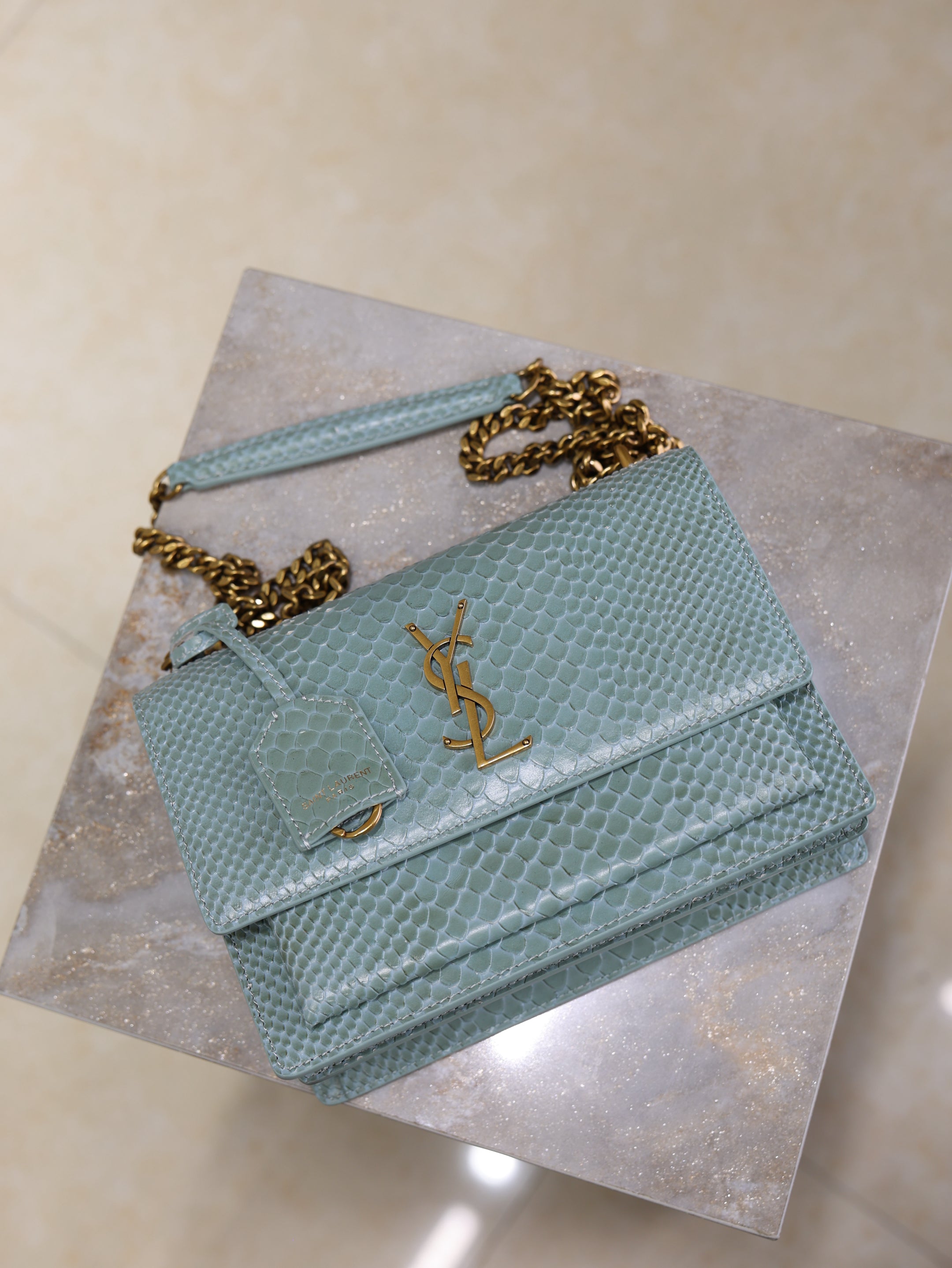 SAINT LAURENT YSL 25S SUNSET MEDIUM 22 IN LIGHT BLUE CROCODILE-EMBOSSED CALFSKIN GOLD HARDWRE