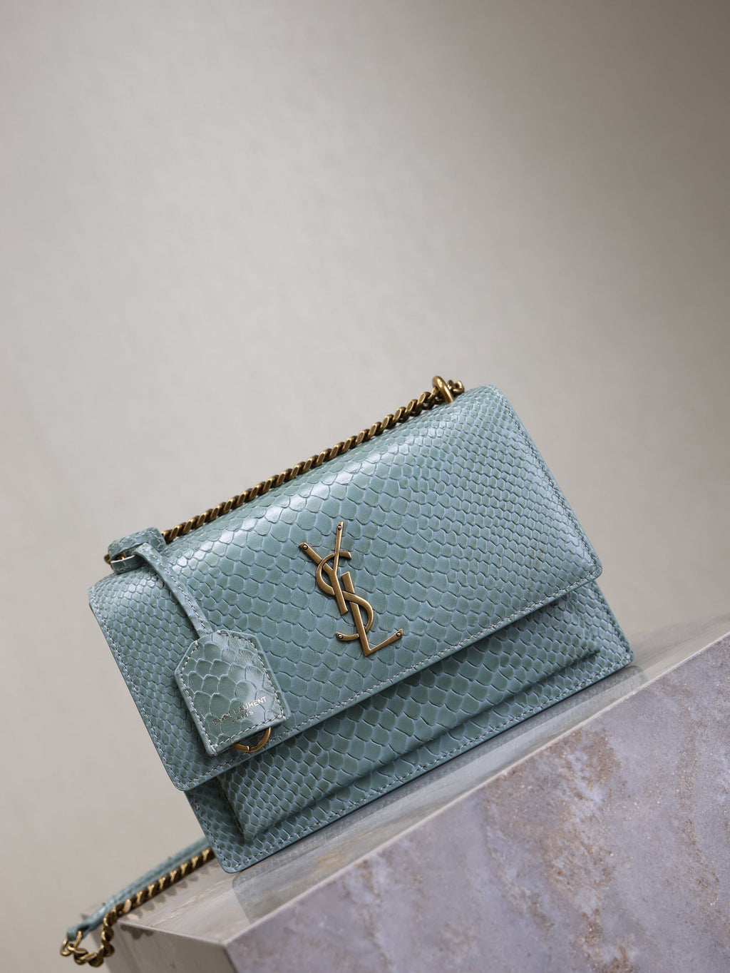 SAINT LAURENT YSL 25S SUNSET MEDIUM 22 IN LIGHT BLUE CROCODILE-EMBOSSED CALFSKIN GOLD HARDWRE