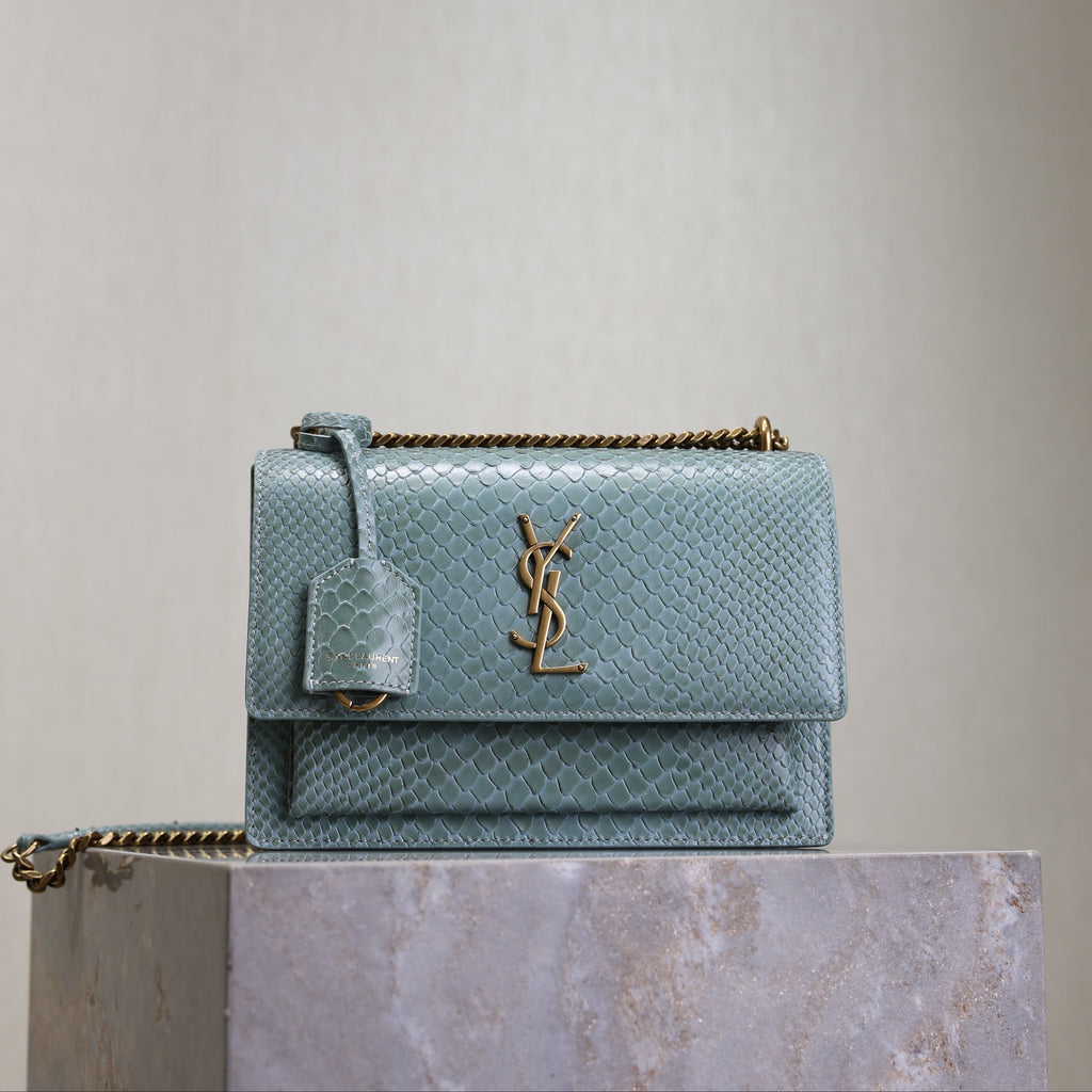 SAINT LAURENT YSL 25S SUNSET MEDIUM 22 IN LIGHT BLUE CROCODILE-EMBOSSED CALFSKIN GOLD HARDWRE