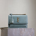 SAINT LAURENT YSL 25S SUNSET MEDIUM 22 IN LIGHT BLUE CROCODILE-EMBOSSED CALFSKIN GOLD HARDWARE
