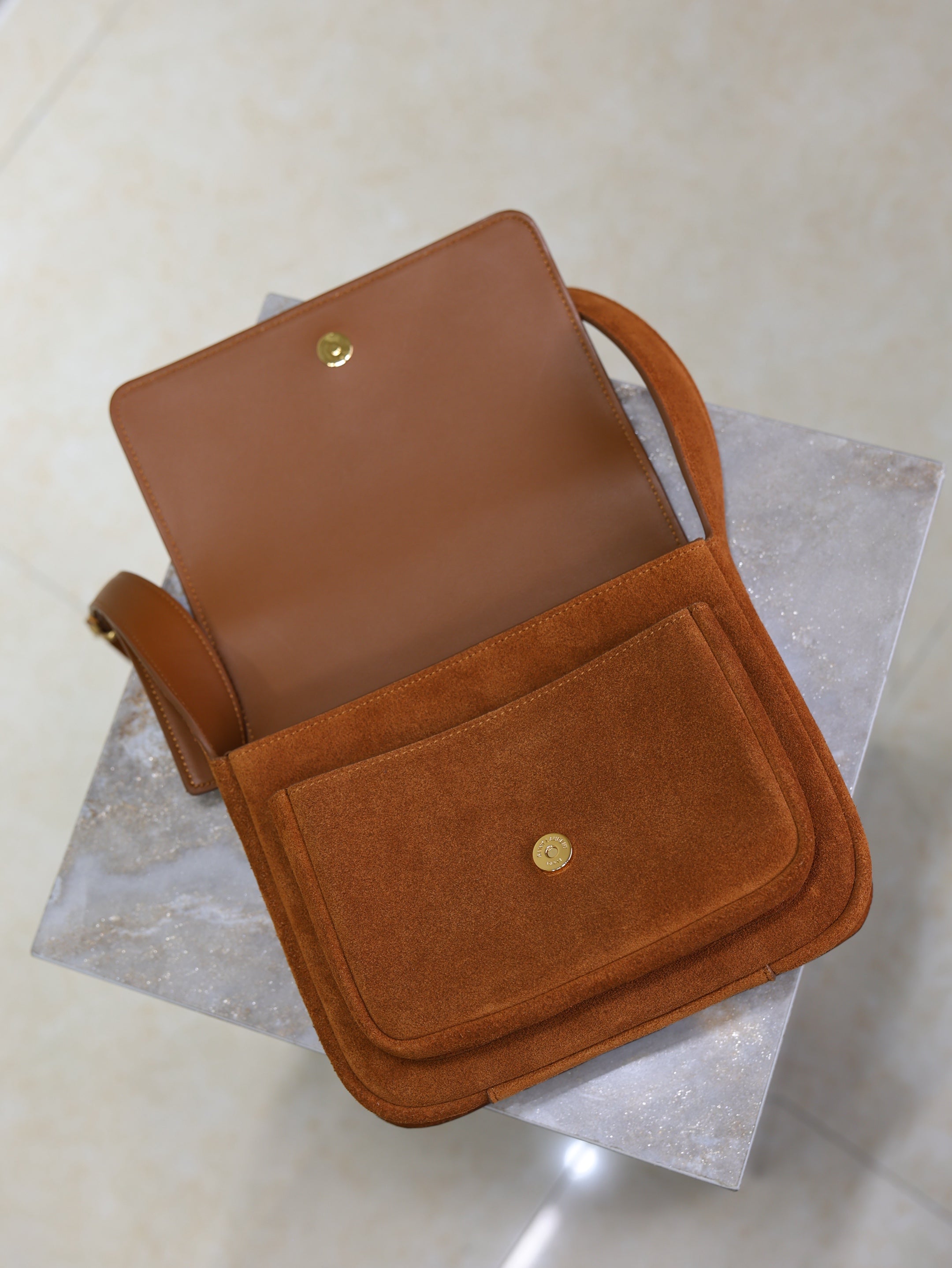 SAINT LAURENT YSL 25S NIKI SATCHEL 22 IN DARK CARAMEL SUEDE GOLD HARDWRE