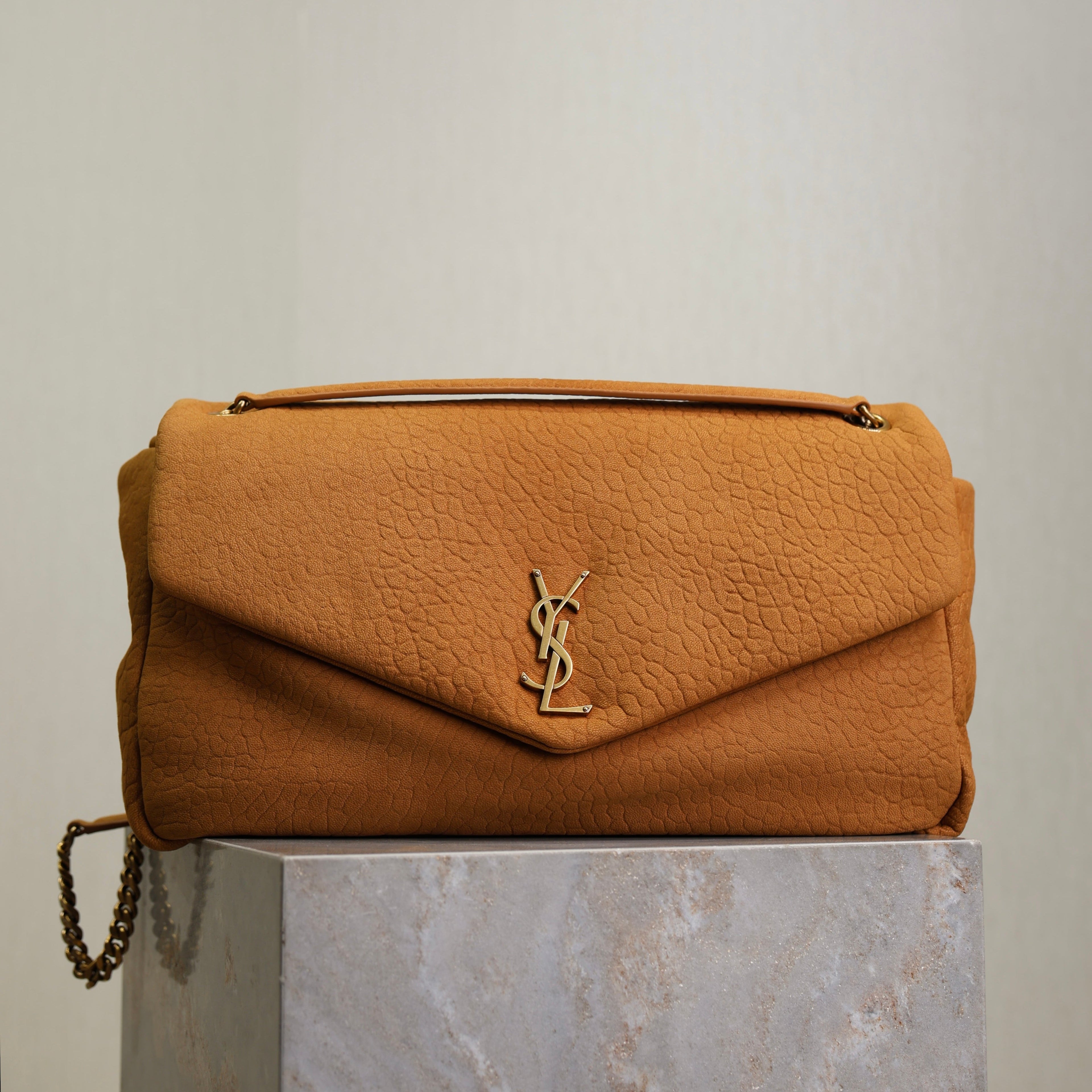 SAINT LAURENT YSL 25S CALYPSO GM 38 IN BURNT ORANGE GRAINED CALFSKIN GOLD HARDWARE