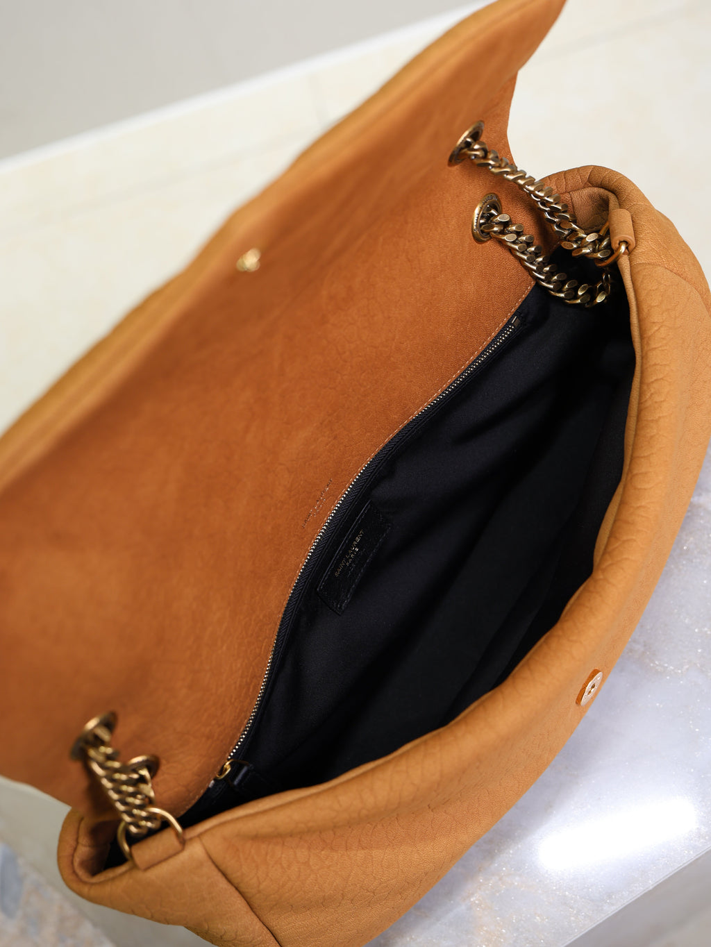 SAINT LAURENT YSL 25S CALYPSO GM 38 IN BURNT ORANGE GRAINED CALFSKIN GOLD HARDWRE